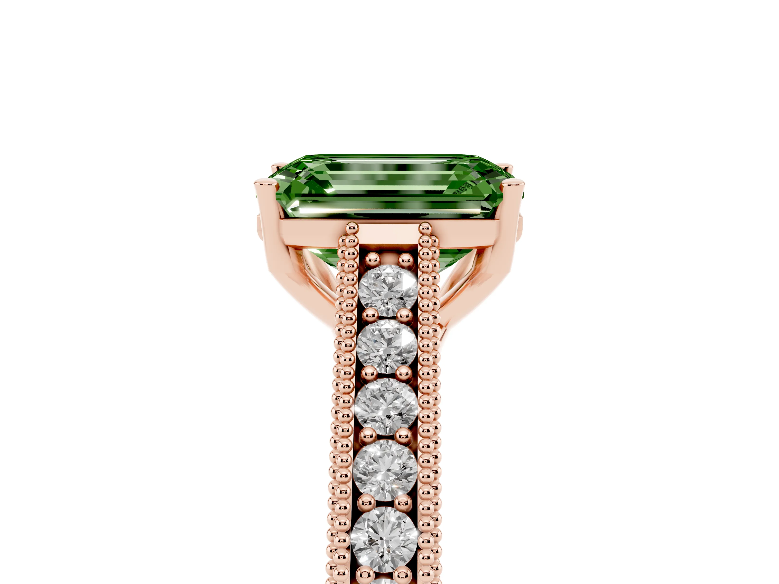 Fancy Green Emerald Cut Diamond Milgrain Pavé Band Solitaire Ring Set in Rose gold with Prong Setting
