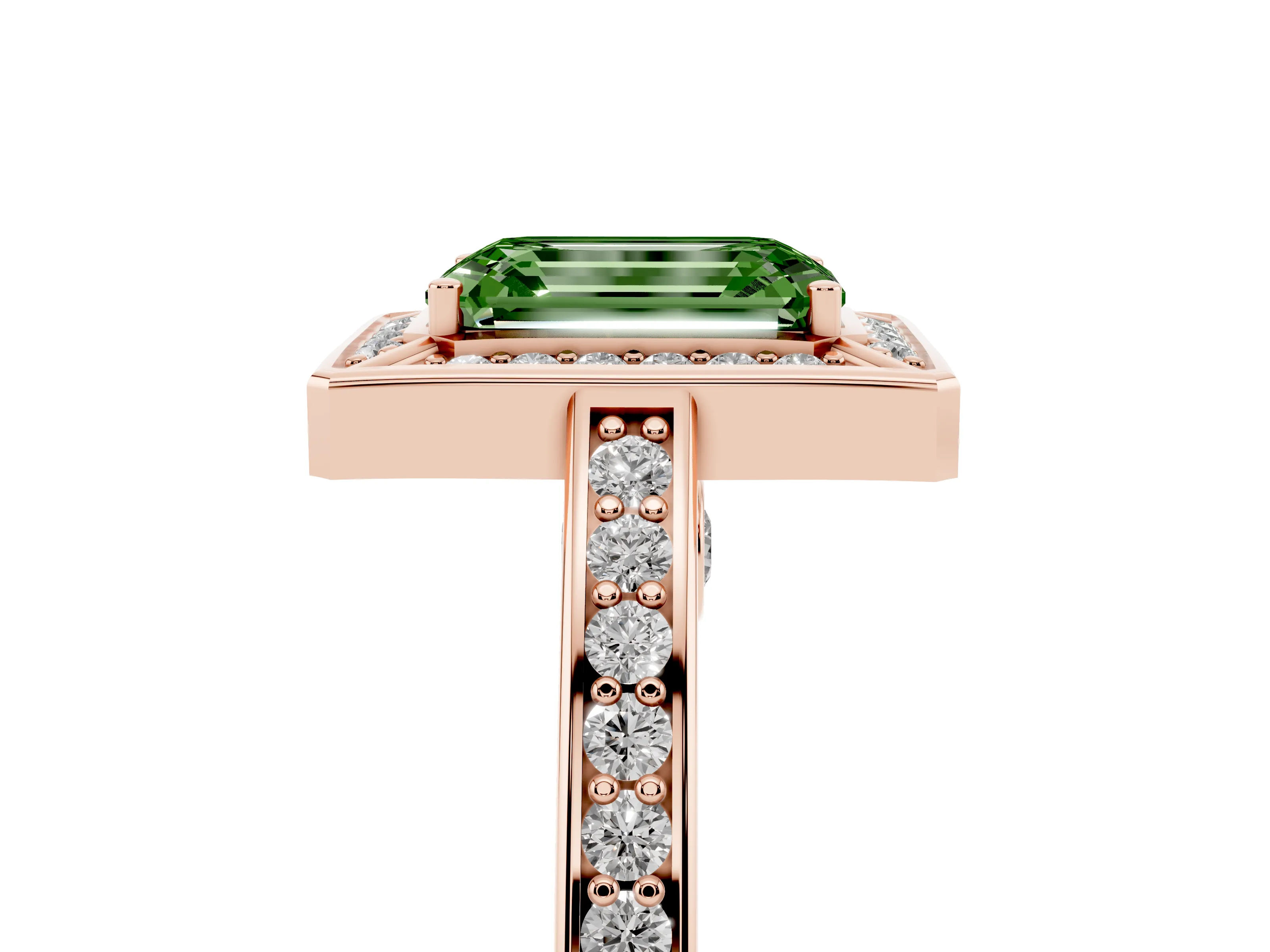 Fancy Green Emerald Cut Diamond Halo Pavé Split Shank Ring Set in Rose gold with Prong Setting