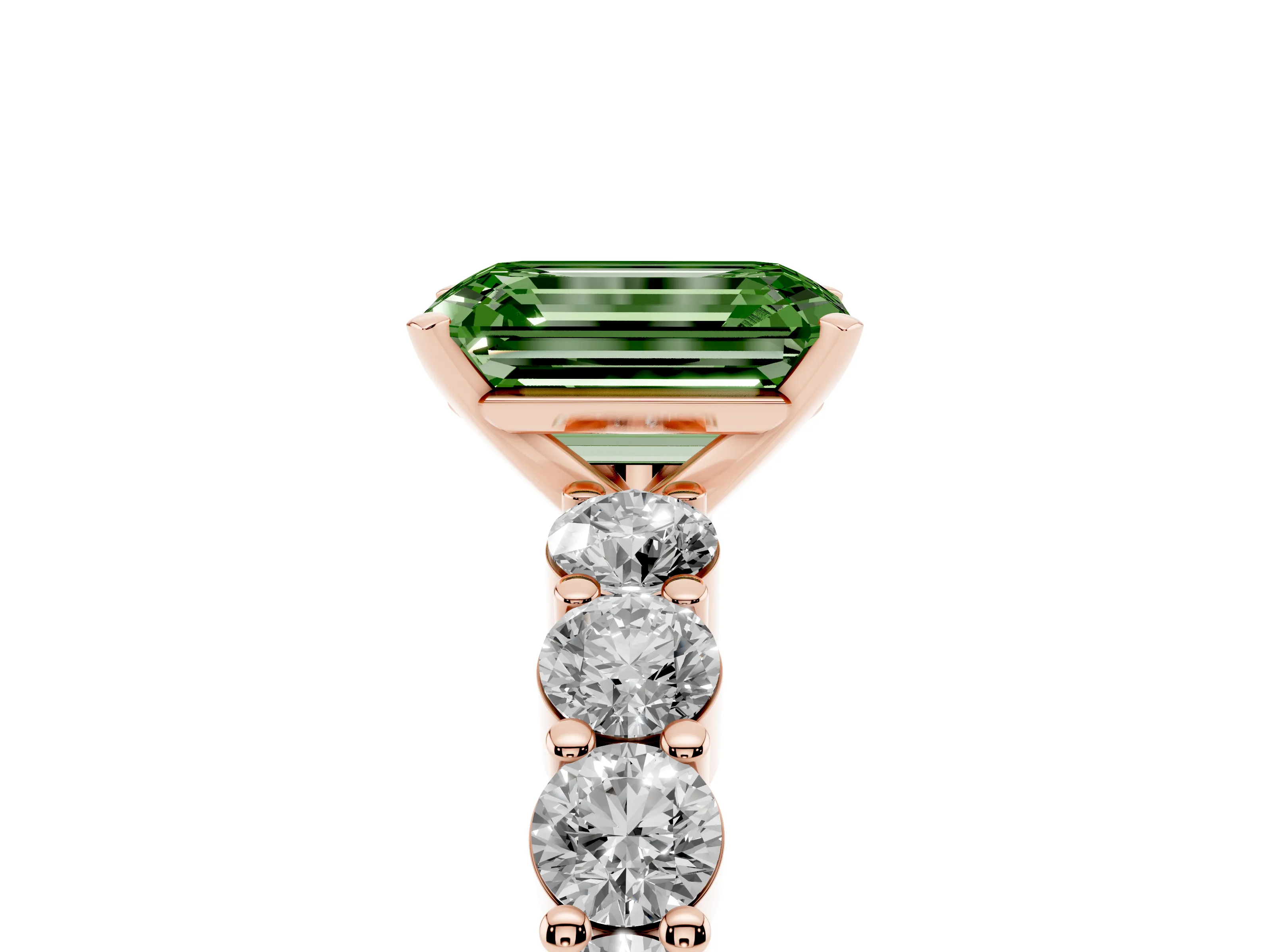 Fancy Green Emerald Cut Diamond Solitaire Ring Set in Rose gold with Shared Prong Round Side Stones