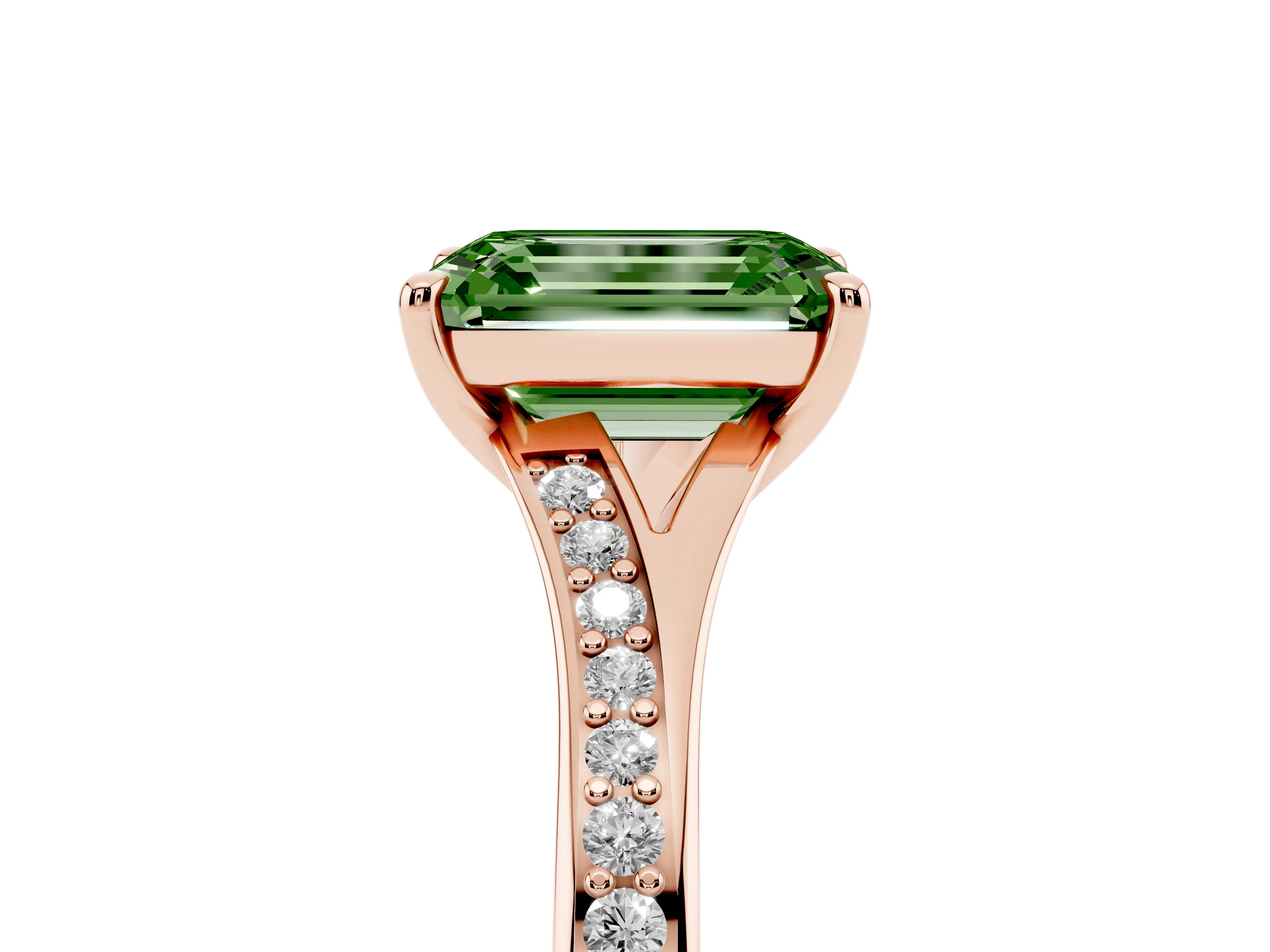Fancy Green Emerald Cut Diamond Solitaire Ring Set in Rose gold with Pavé Accent Band and Classic Prong Setting