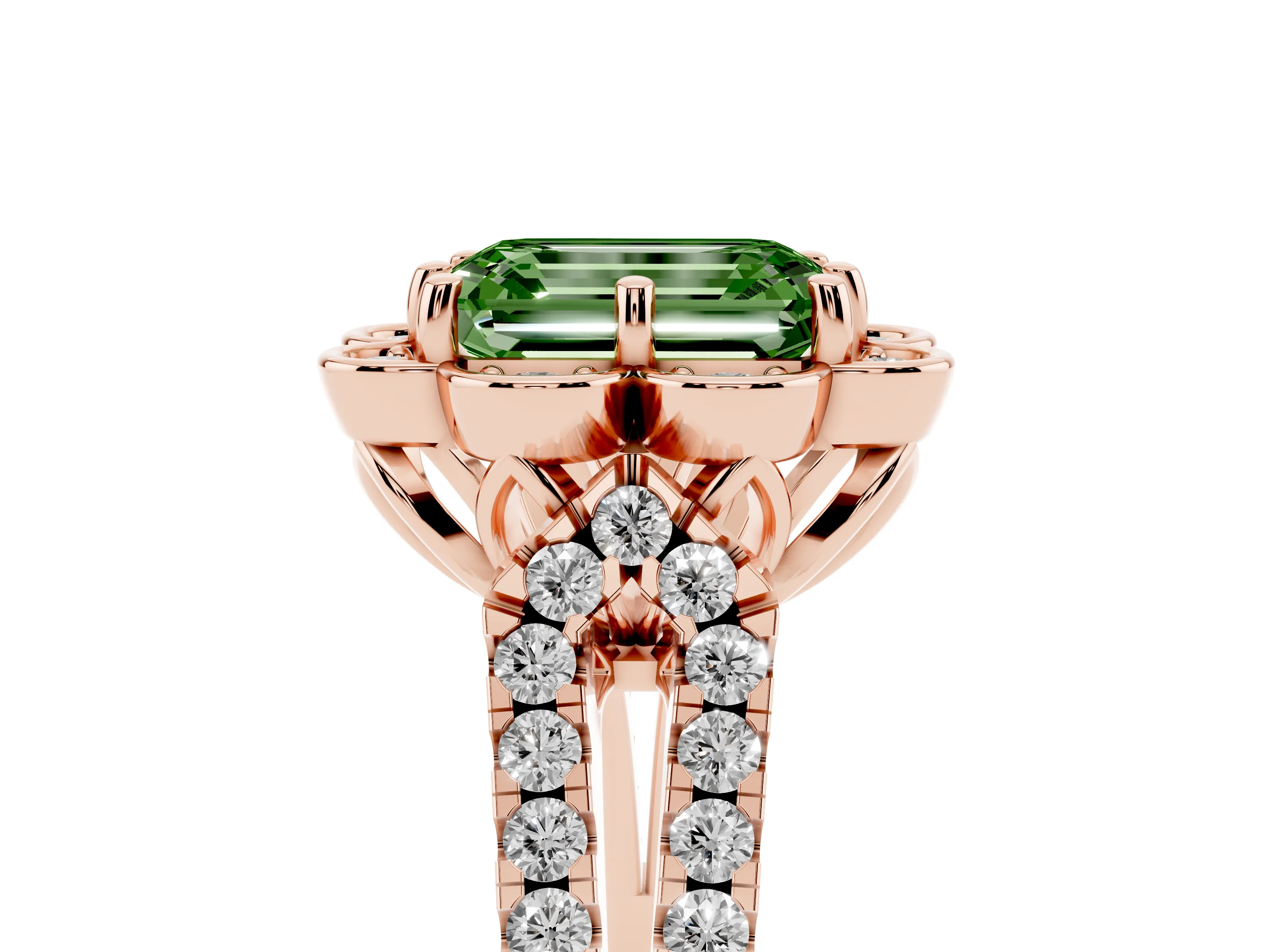 Fancy Green Emerald Cut Diamond Floral Halo Split Shank Engagement Ring Set in Rose gold with Pavé Shank