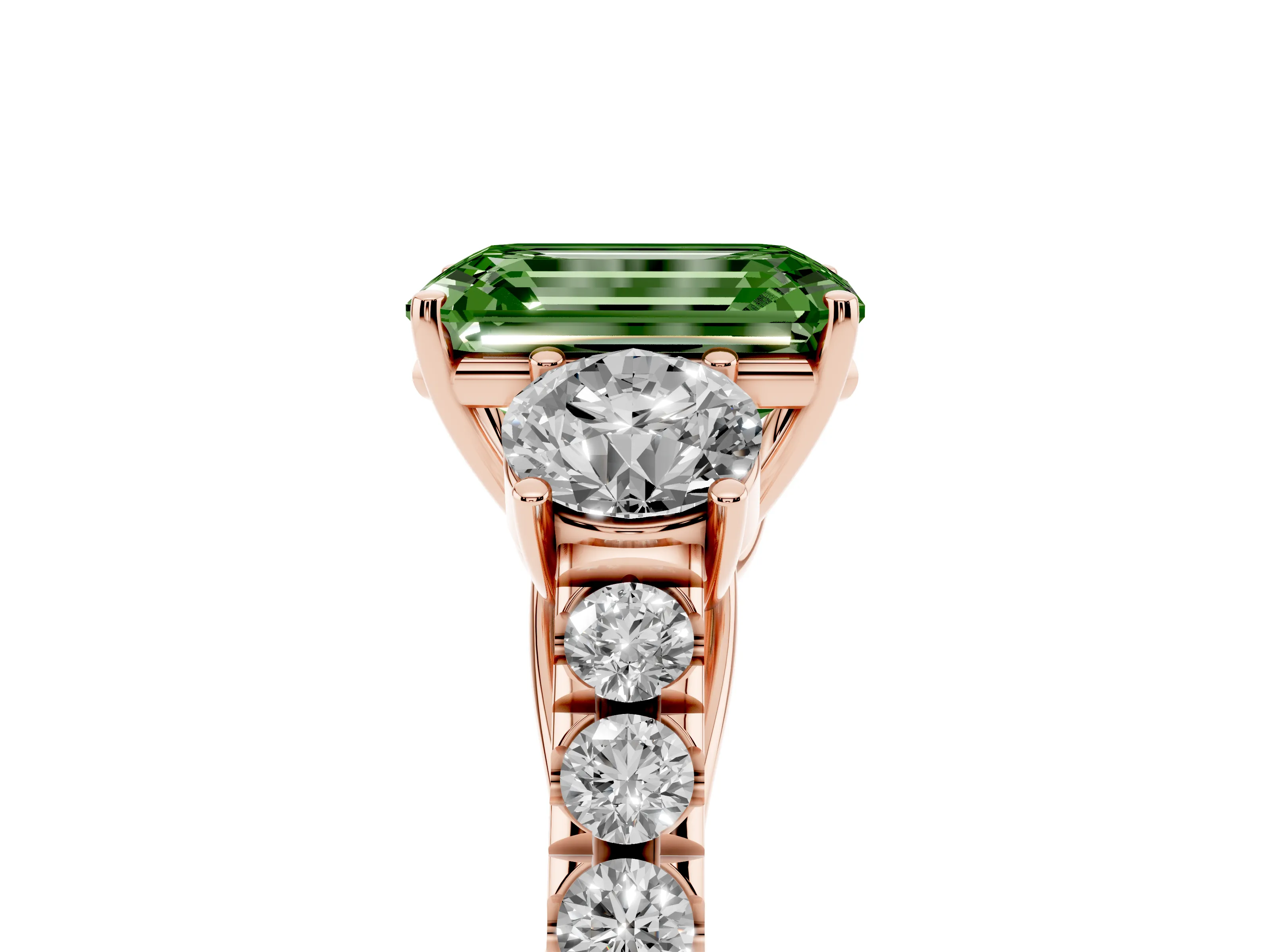 Fancy Green Emerald Cut Diamond Three-Stone Ring Set in Rose gold with Round Side Stones and Delicate Pavé Band