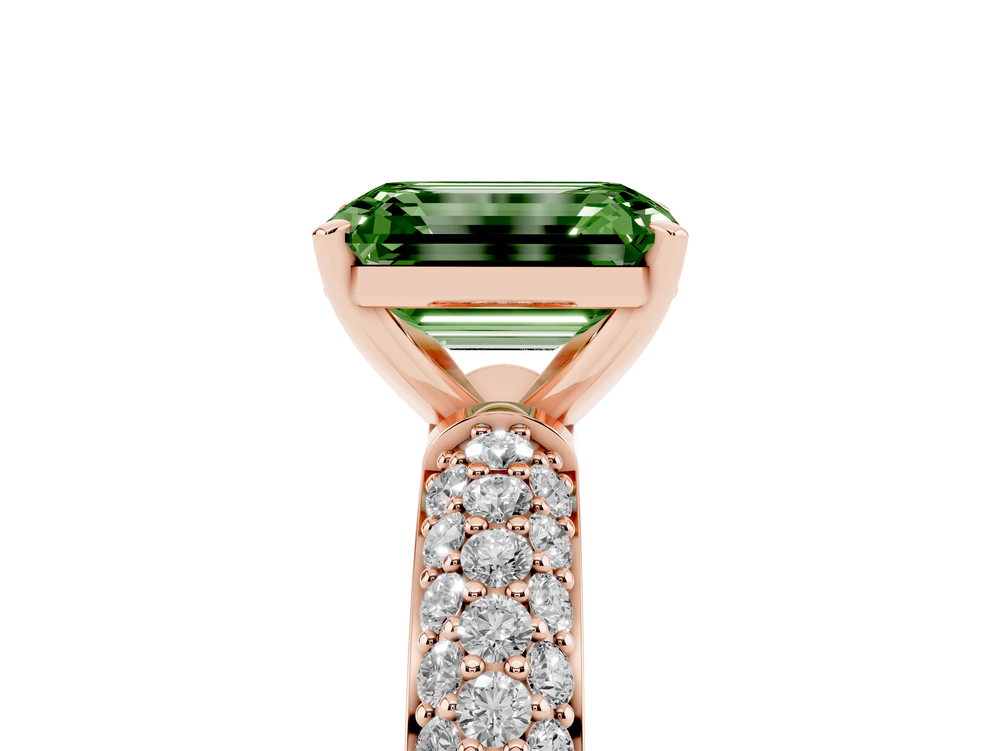 Fancy Green Emerald Cut Diamond Solitaire Ring Set in Rose gold with Prong Setting and Pavé-Set Band