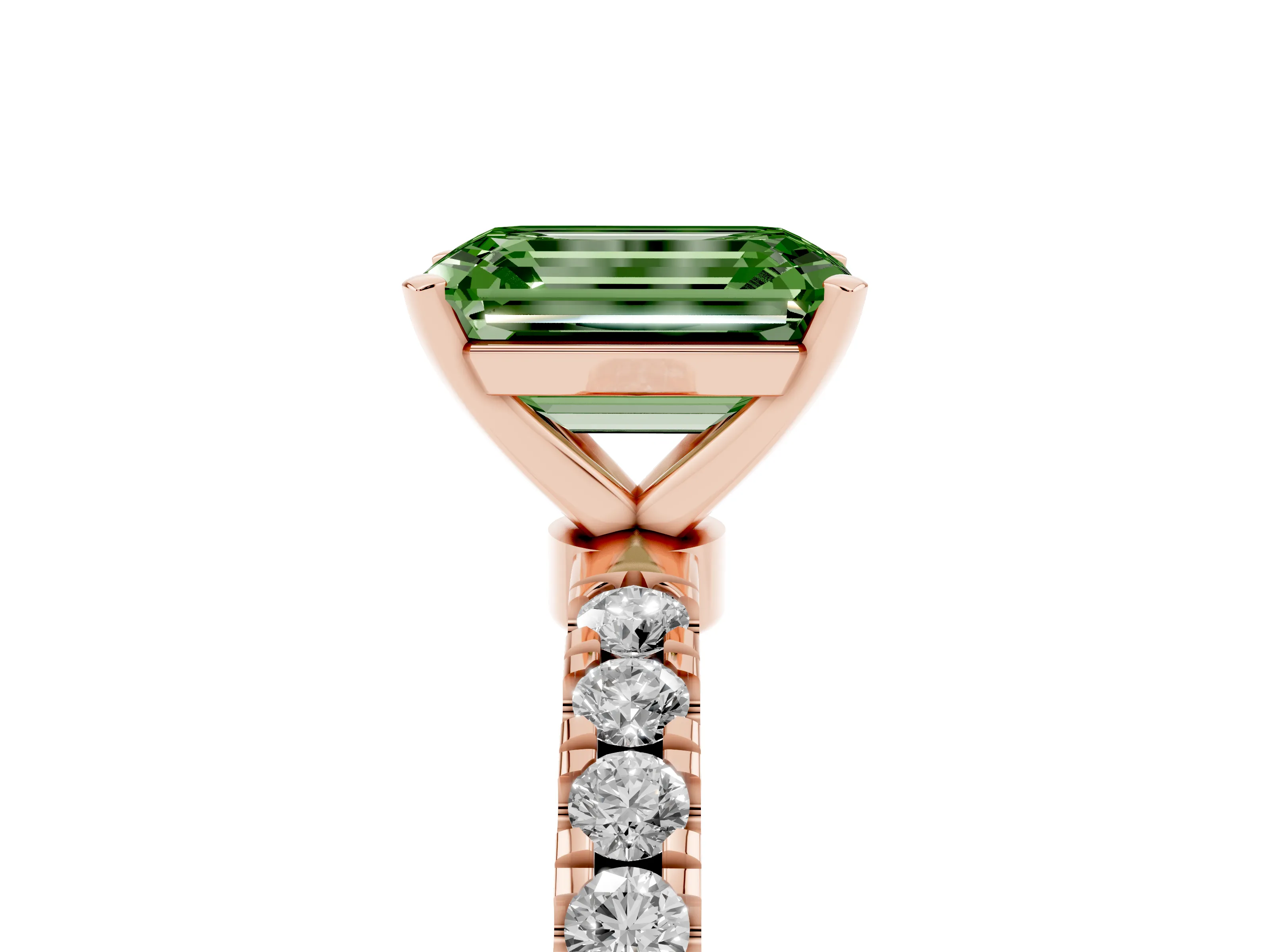 Fancy Green Emerald Cut Diamond Solitaire Ring Set in Rose gold with Pavé Accents and Prong Setting