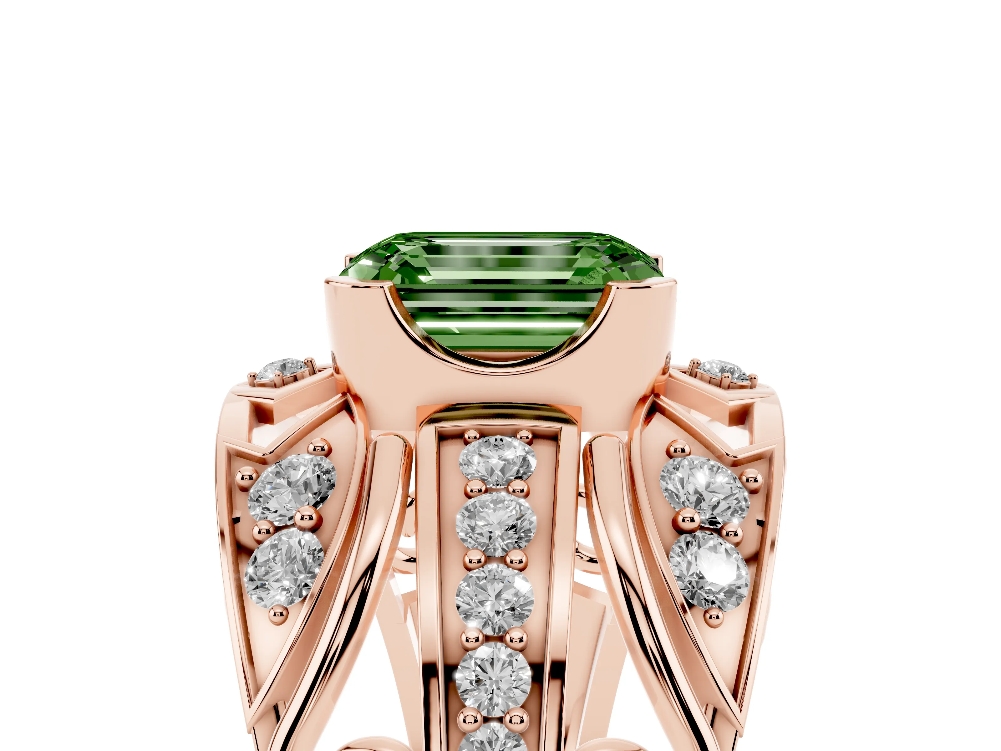 Fancy Green Emerald Cut Diamond Art Deco Ring Set in Rose gold with Pavé Split Shank