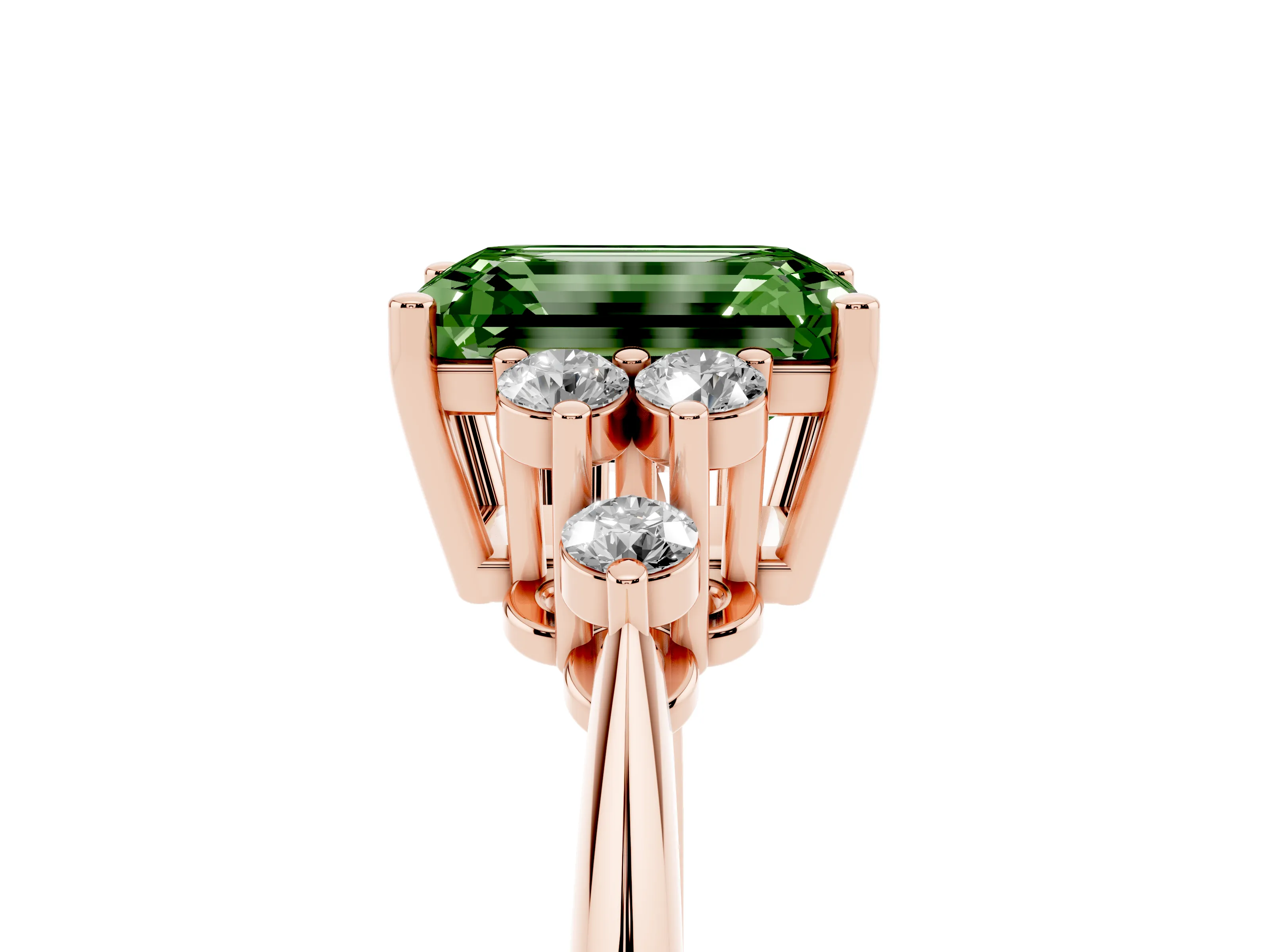 Fancy Green Emerald Cut Diamond Cluster Ring Set in Rose gold with Plain Band and Prong Setting