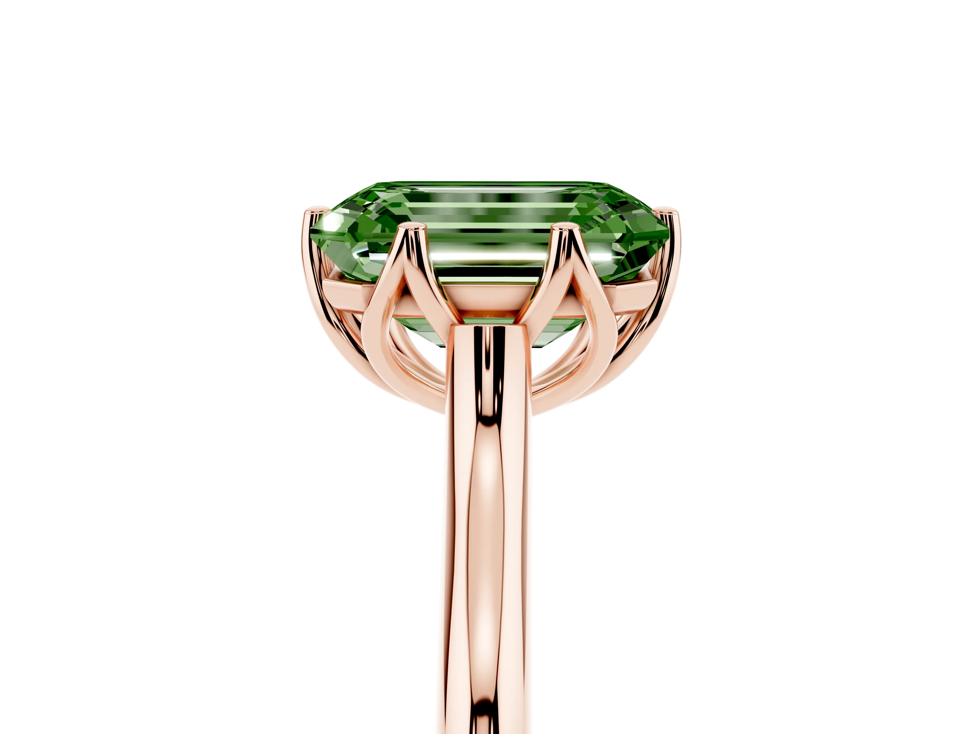 Fancy Green Emerald Cut Diamond Solitaire Cathedral Ring Set in Rose gold with Prong Setting