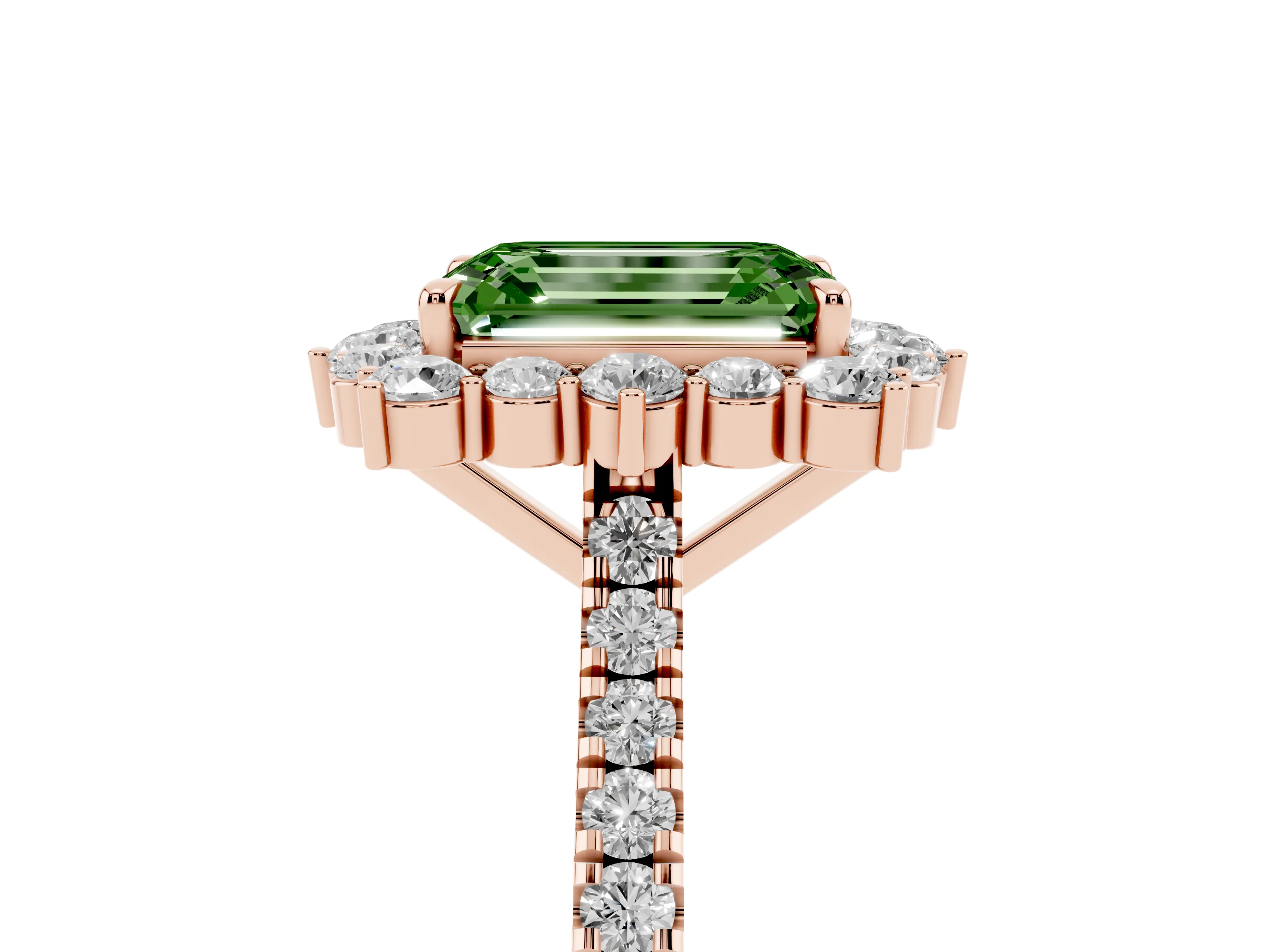 Fancy Green Emerald Cut Diamond Halo Ring Set in Rose gold with Pavé Band and Prong Setting