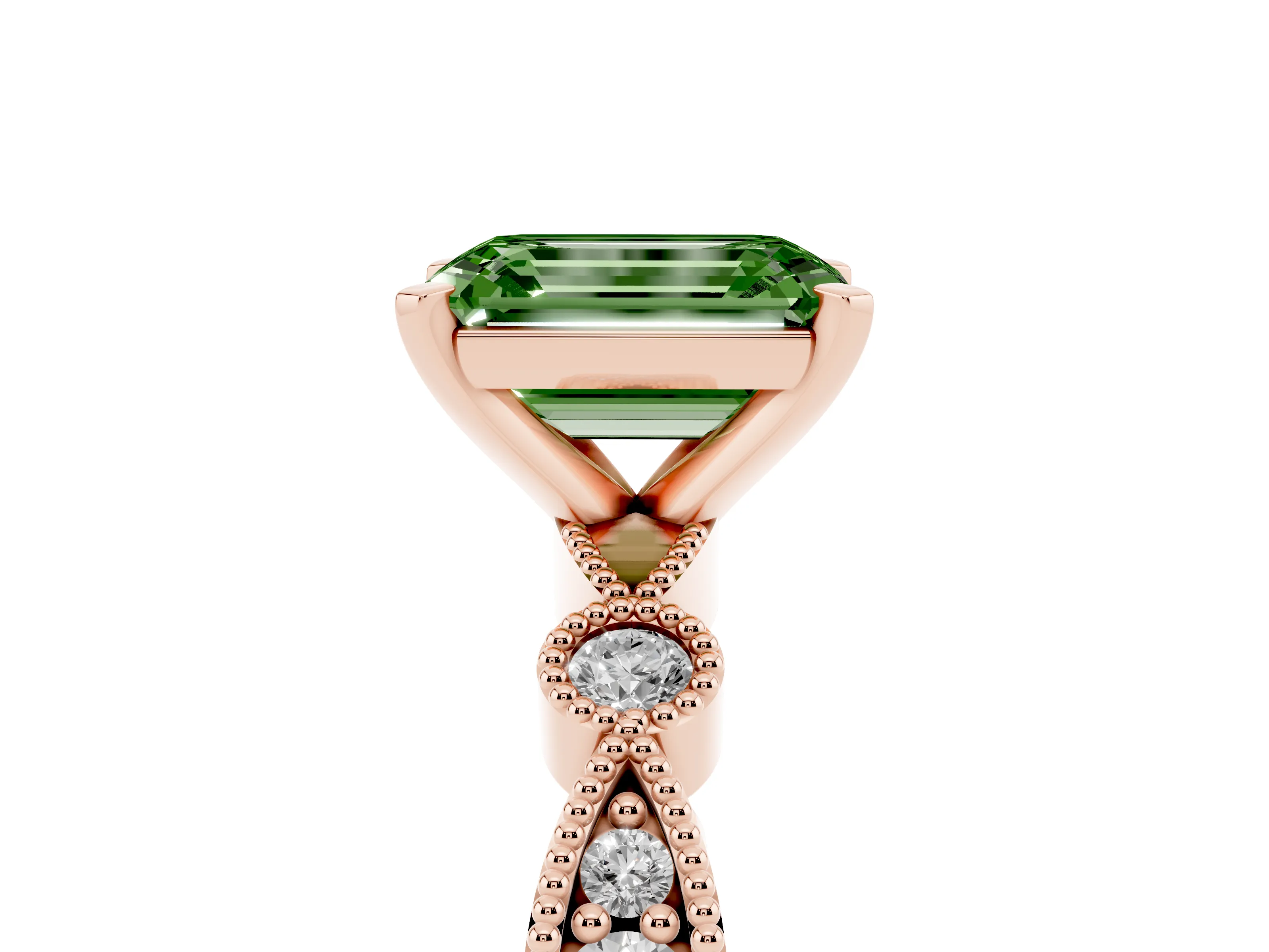 Fancy Green Emerald Cut Diamond Solitaire Engagement Ring Set in Rose gold with Milgrain Bezel Accent Band