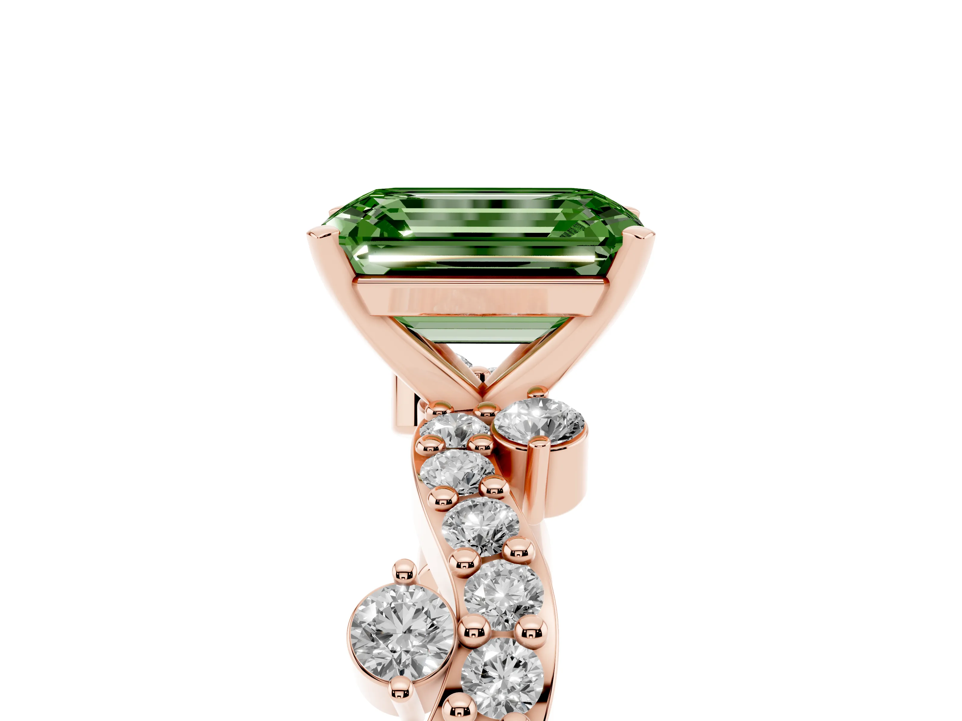 Fancy Green Emerald Cut Diamond Solitaire Twisted Band Set in Rose gold with Pavé Setting