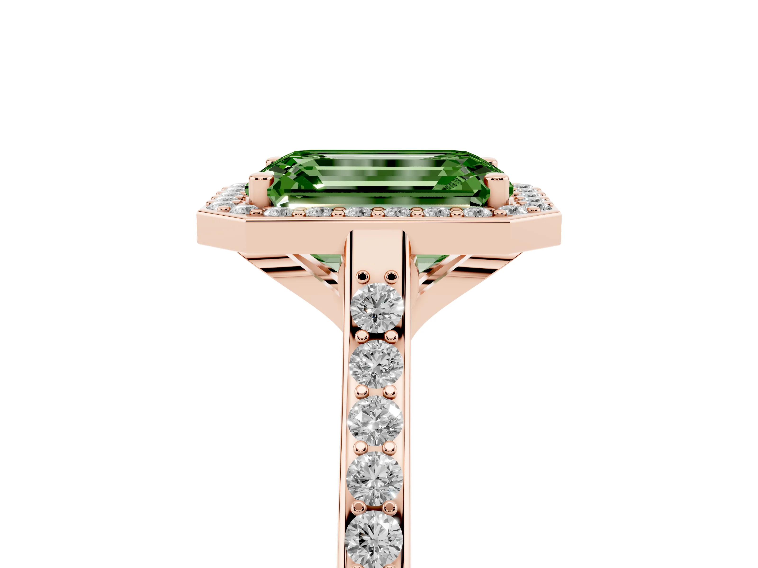 Fancy Green Emerald Cut Diamond Halo Engagement Ring Set in Rose gold with Round Pavé Shoulders and Heart Gallery