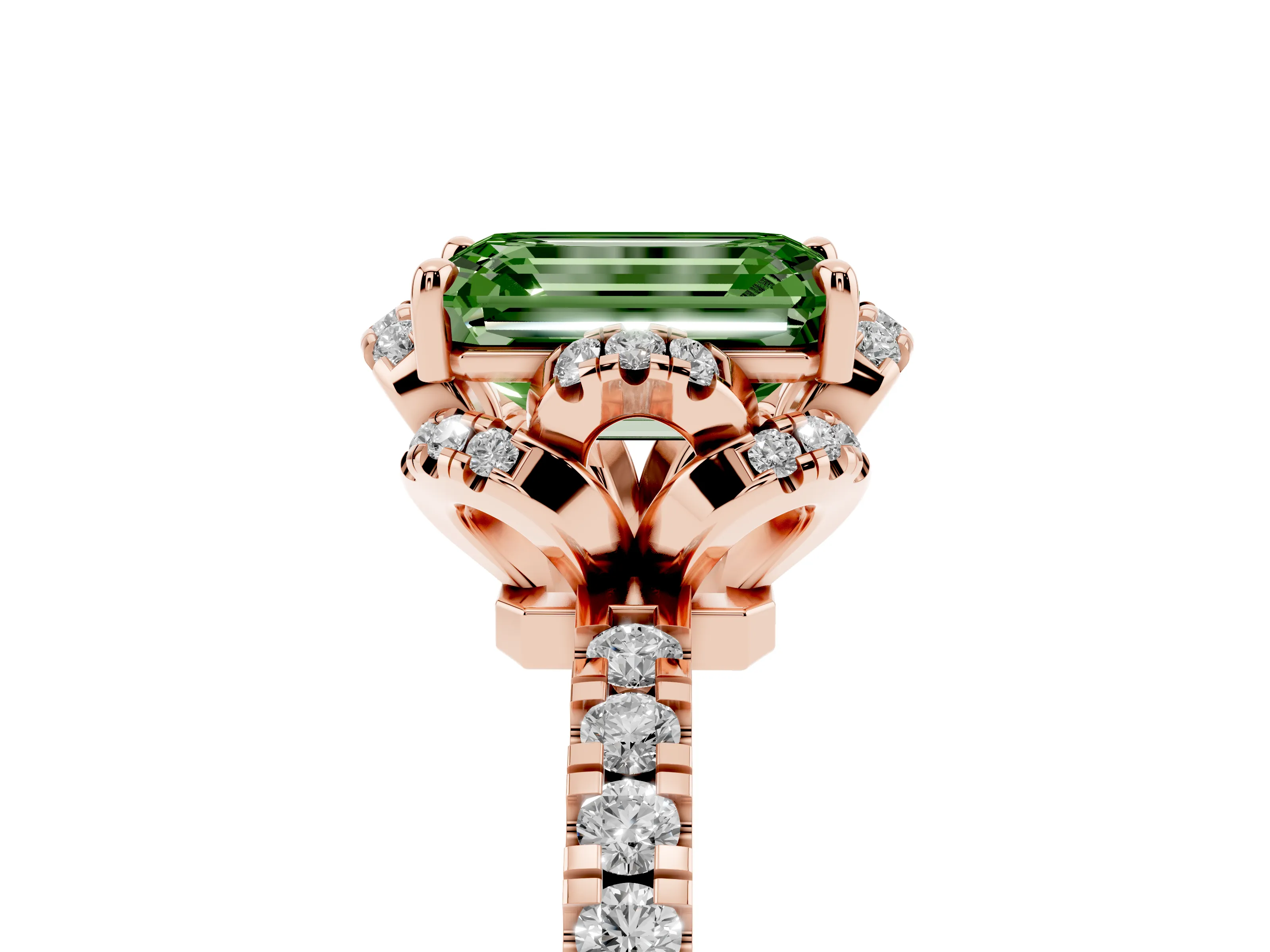 Fancy Green Emerald Cut Diamond Halo Pavé Band Ring Set in Rose gold with Prong-Held Center