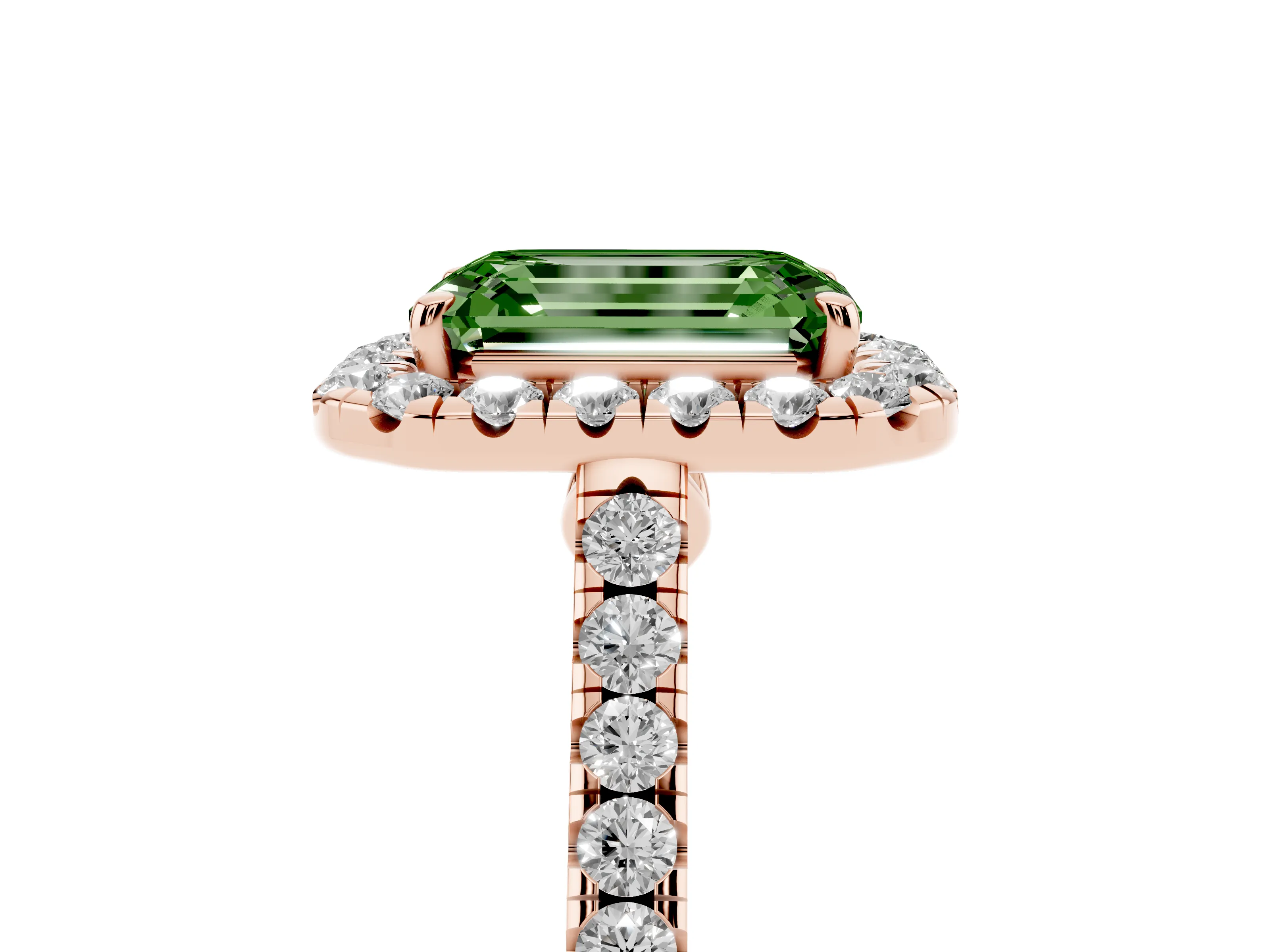Fancy Green Emerald Cut Diamond Halo Pavé Engagement Ring Set in Rose gold with Prong Setting