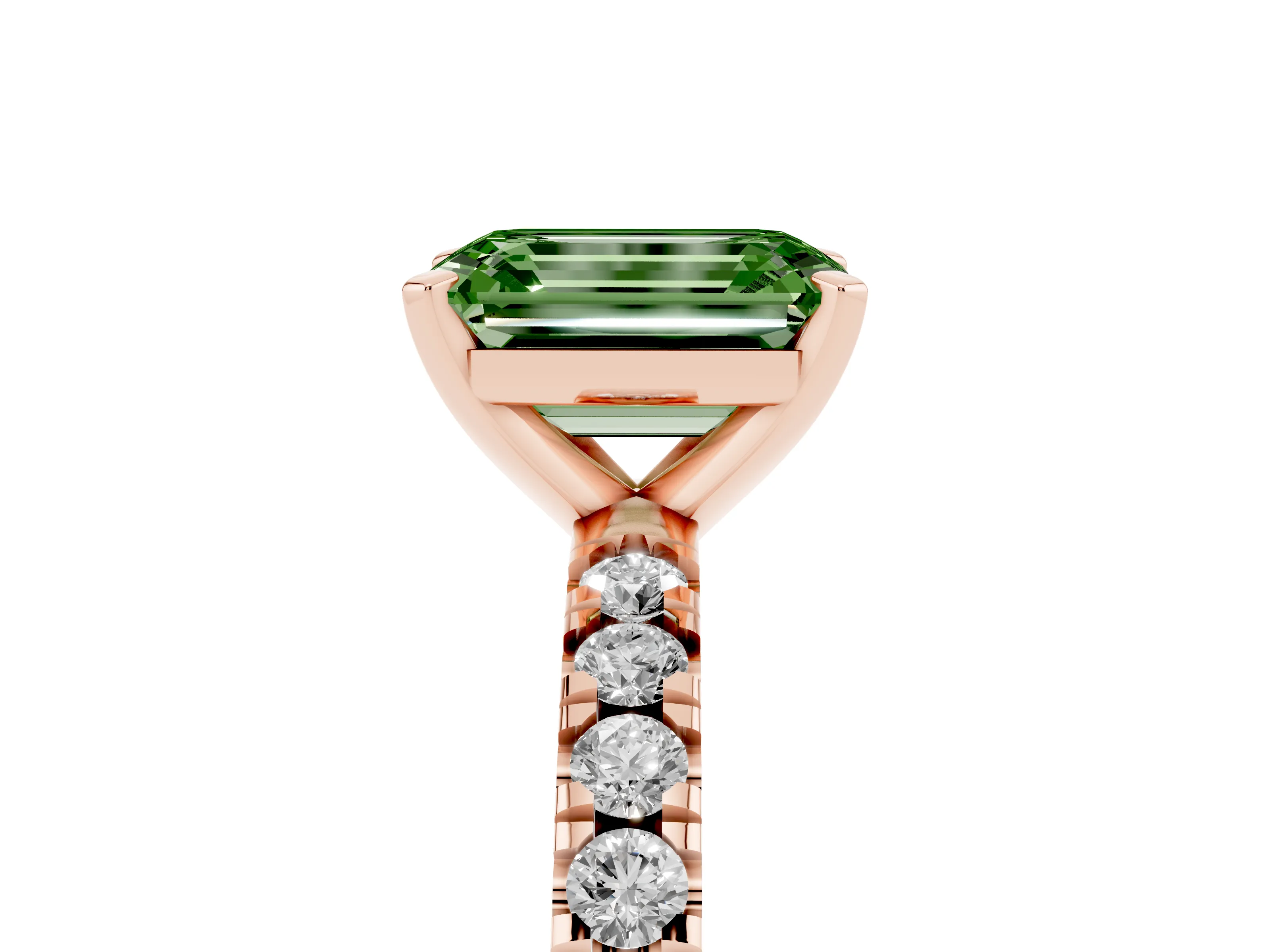 Fancy Green Emerald Cut Diamond Pavé Band Solitaire Set in Rose gold with Prong Setting