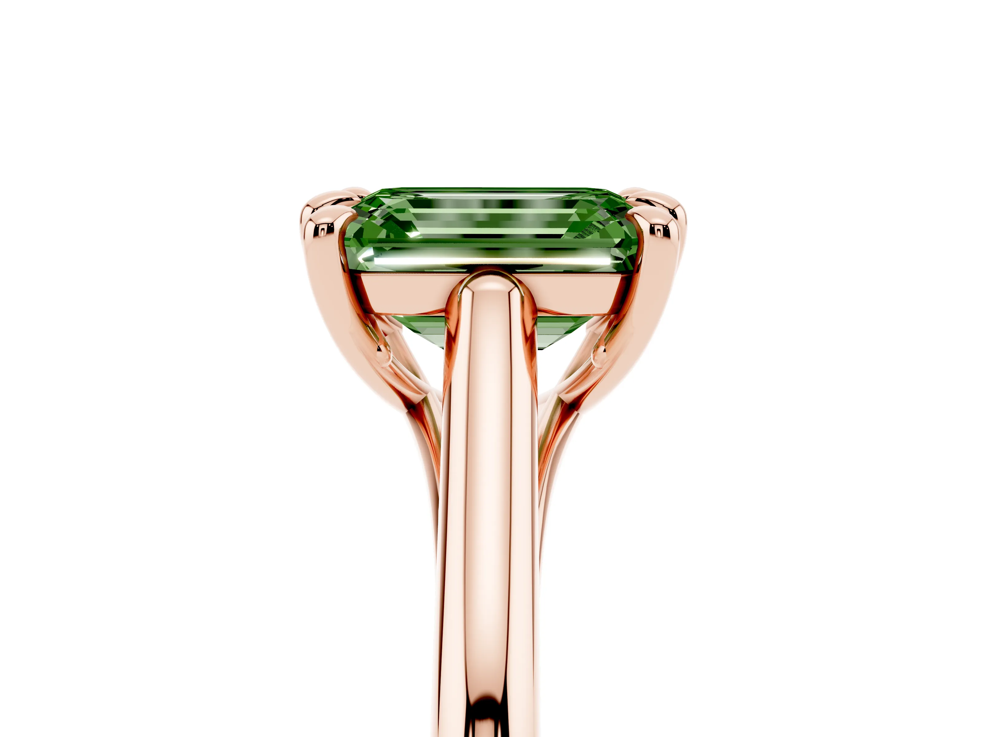 Fancy Green Emerald Cut Diamond Solitaire Engagement Ring Set in Rose gold with Prong Setting and Plain Classic Band