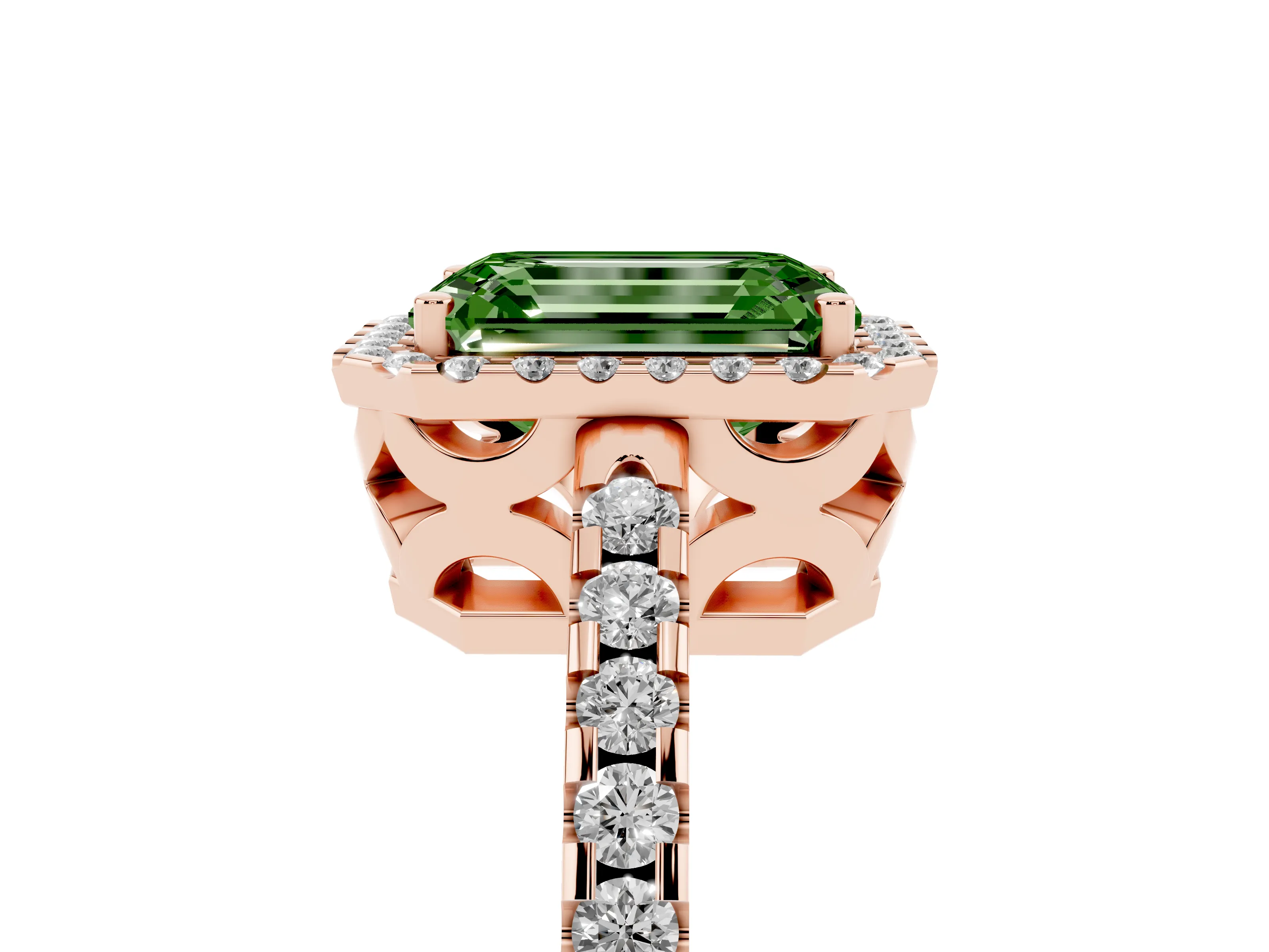 Fancy Green Emerald Cut Diamond Halo Ring Set in Rose gold with Pavé Shoulders and Halo-Framed Center