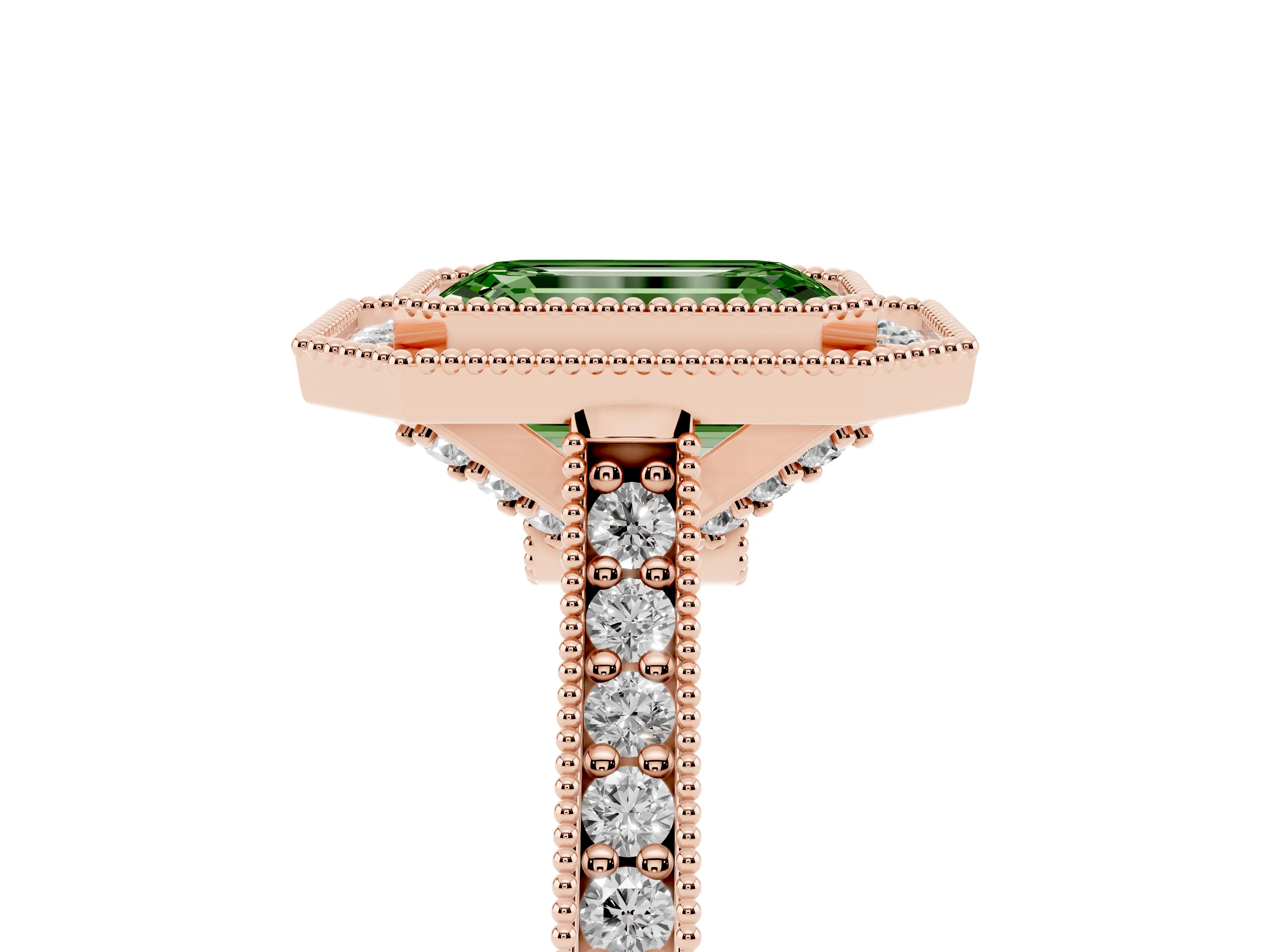 Fancy Green Emerald Cut Diamond Halo Milgrain Pavé Band Ring Set in Rose gold with Prong Setting