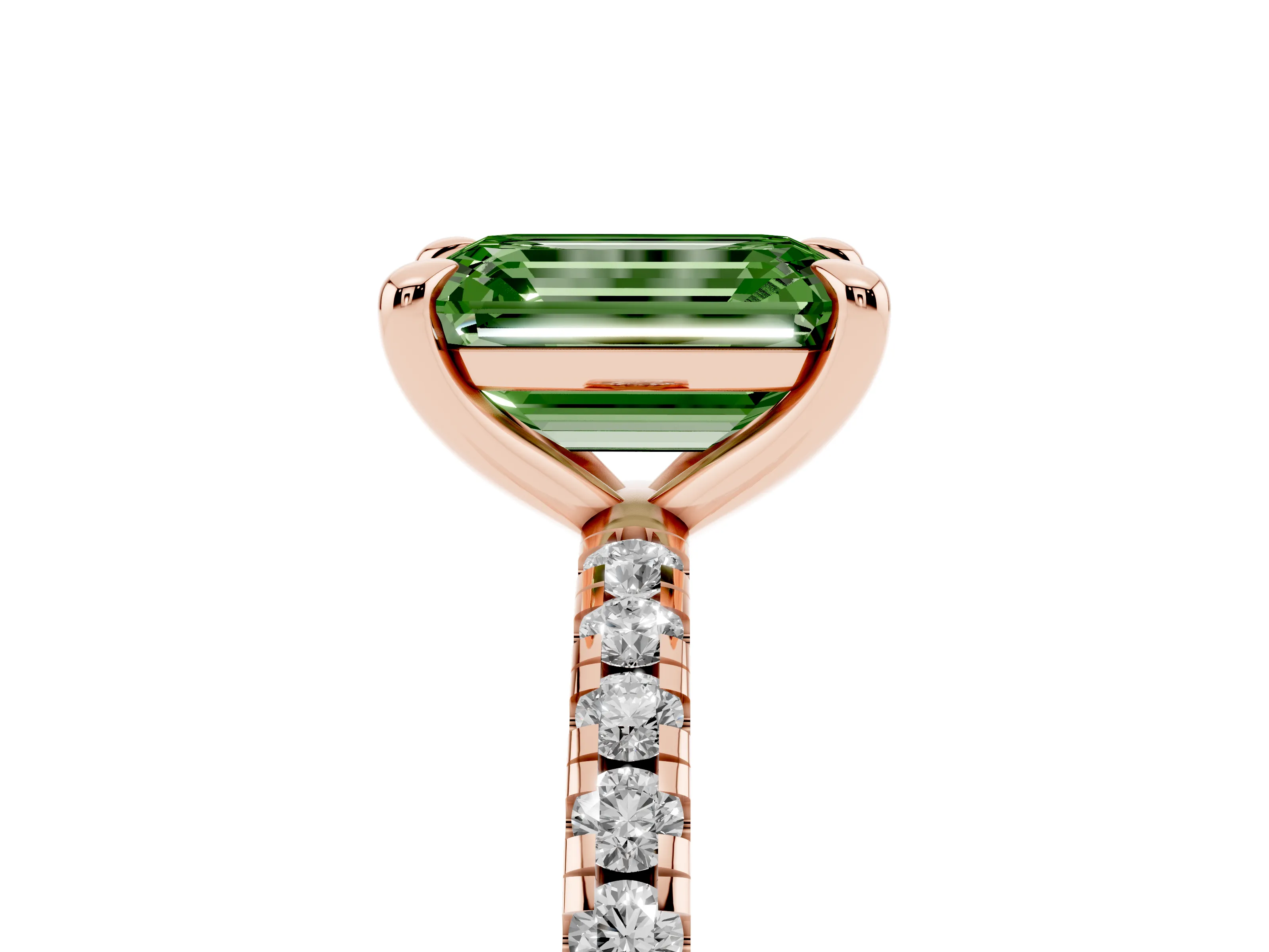 Fancy Green Emerald Cut Diamond Brilliant Solitaire Ring Set in Rose gold with Pavé Band and Prong Setting
