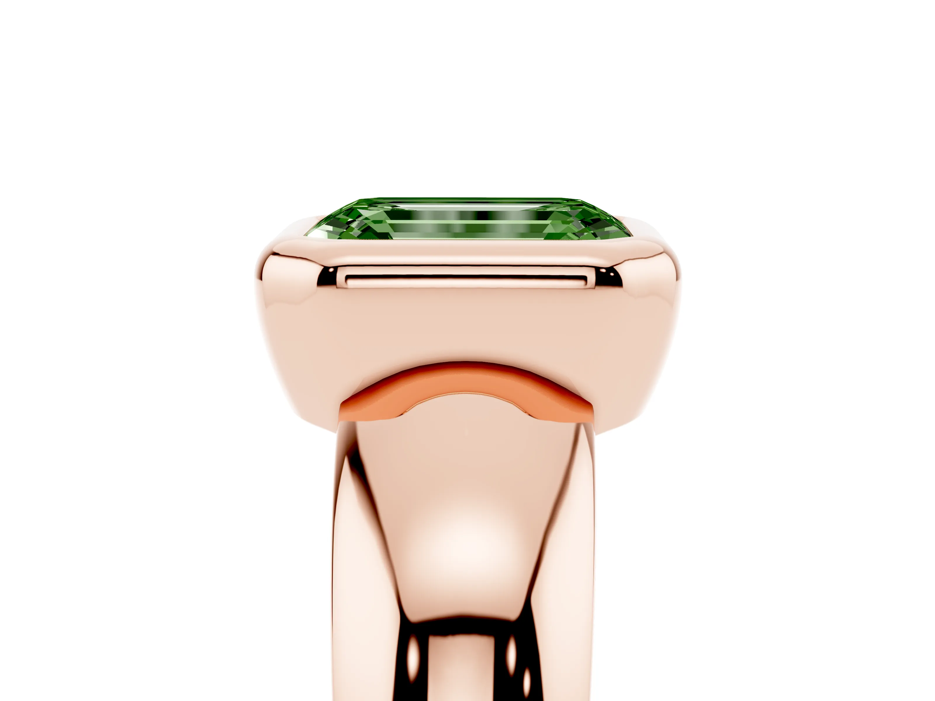 Fancy Green Bezel Set Emerald Cut Diamond Solitaire Ring Set in Rose gold with Wide Band