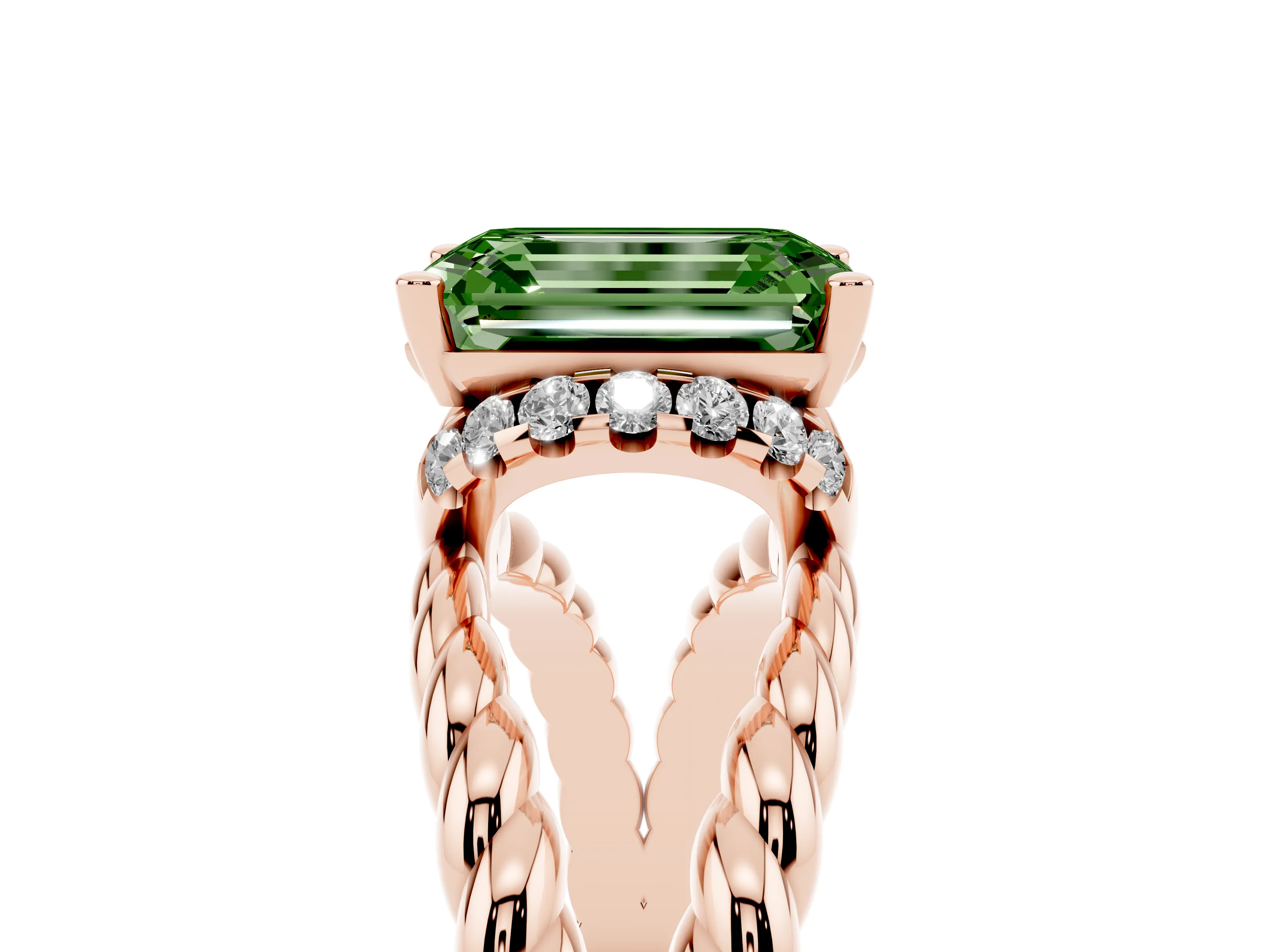 Fancy Green Emerald Cut Diamond Halo Ring Set in Rose gold with Twisted Band and Prong Setting