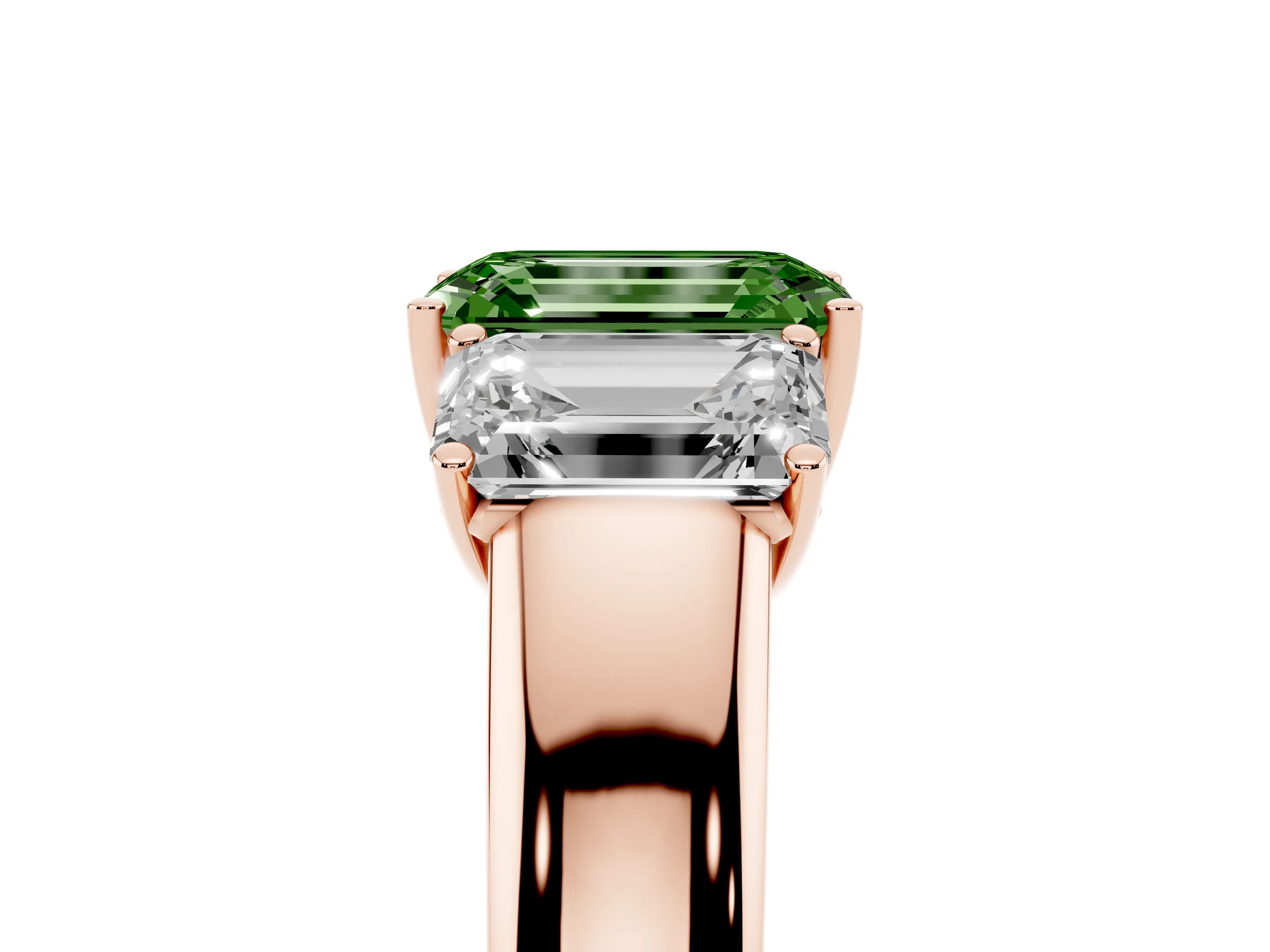 Fancy Green Three-Stone Emerald Cut Diamond Ring Set in Rose gold with Matching Prong Settings and Plain Band