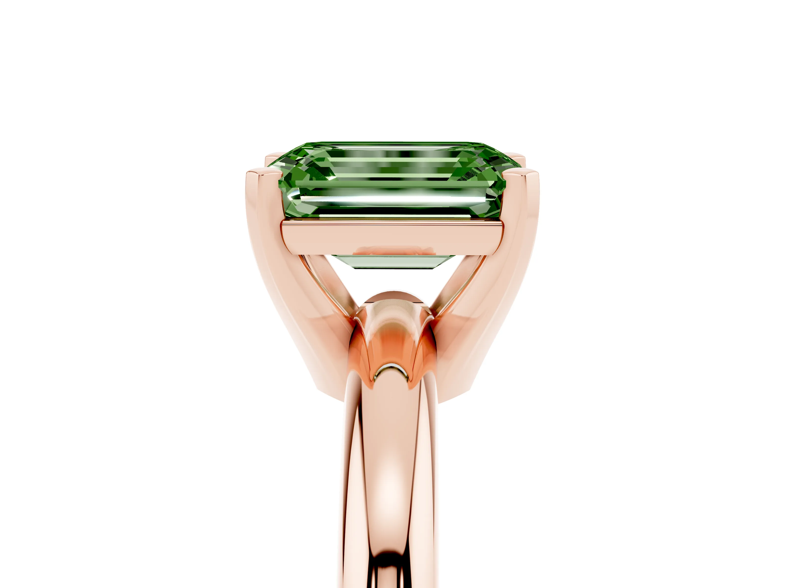 Fancy Green Emerald Cut Diamond Solitaire Engagement Ring Set in Rose gold with Round Band and Prong Setting