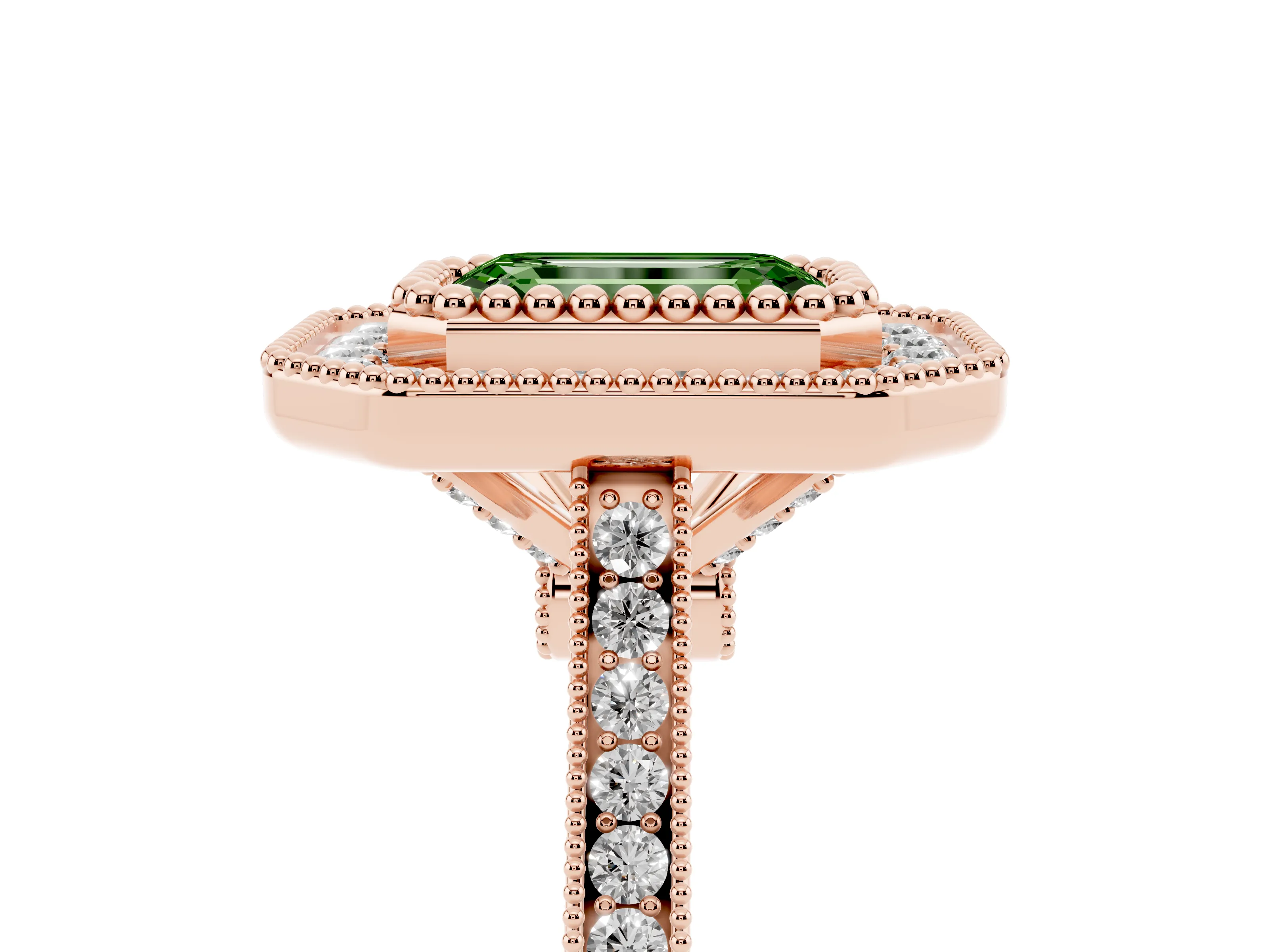 Fancy Green Emerald Cut Diamond Halo Ring Set in Rose gold with Milgrain Frame and Pavé Band