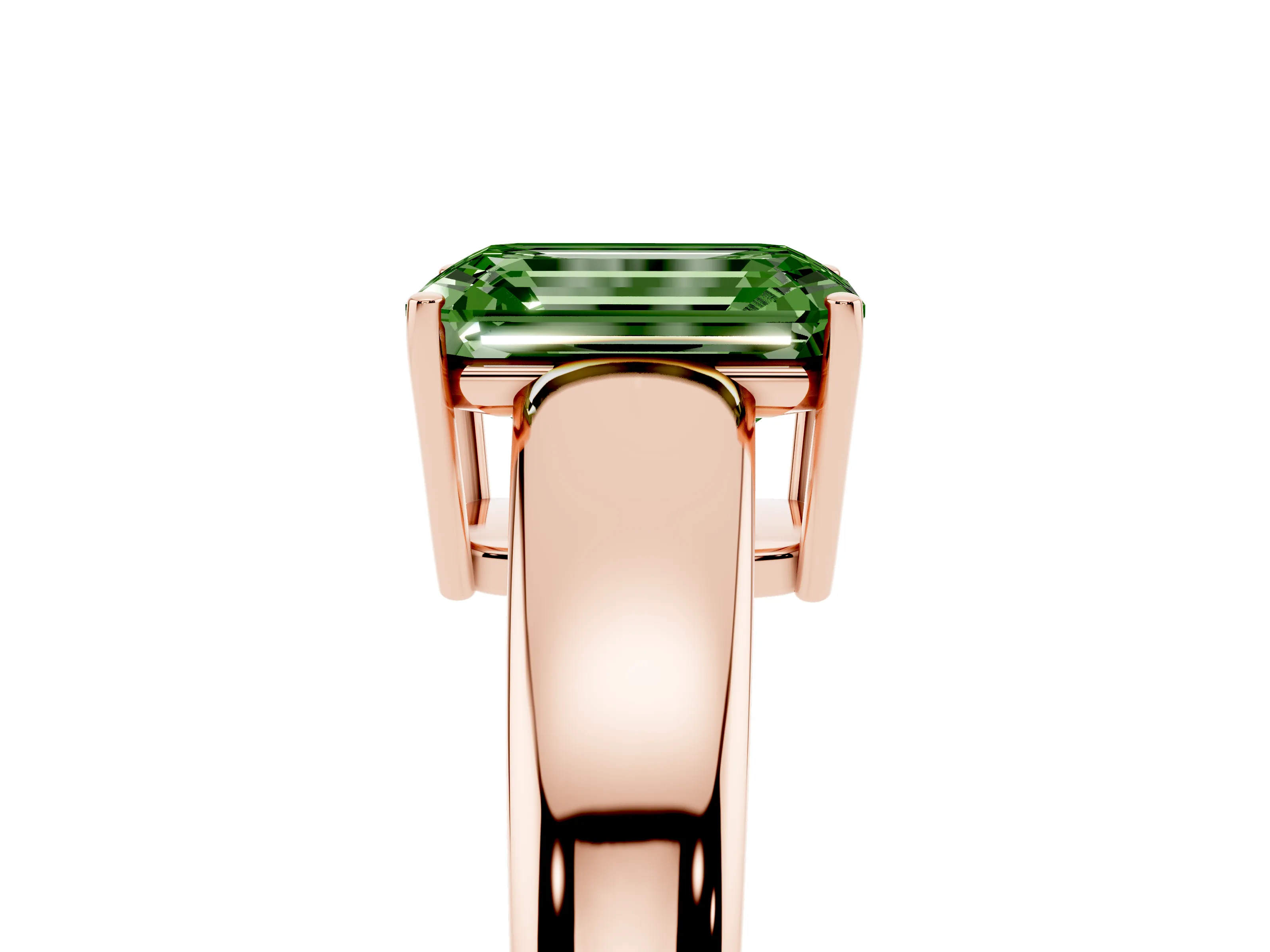 Fancy Green Emerald Cut Diamond Solitaire Ring Set in Rose gold with Tapered Band and Prong Setting