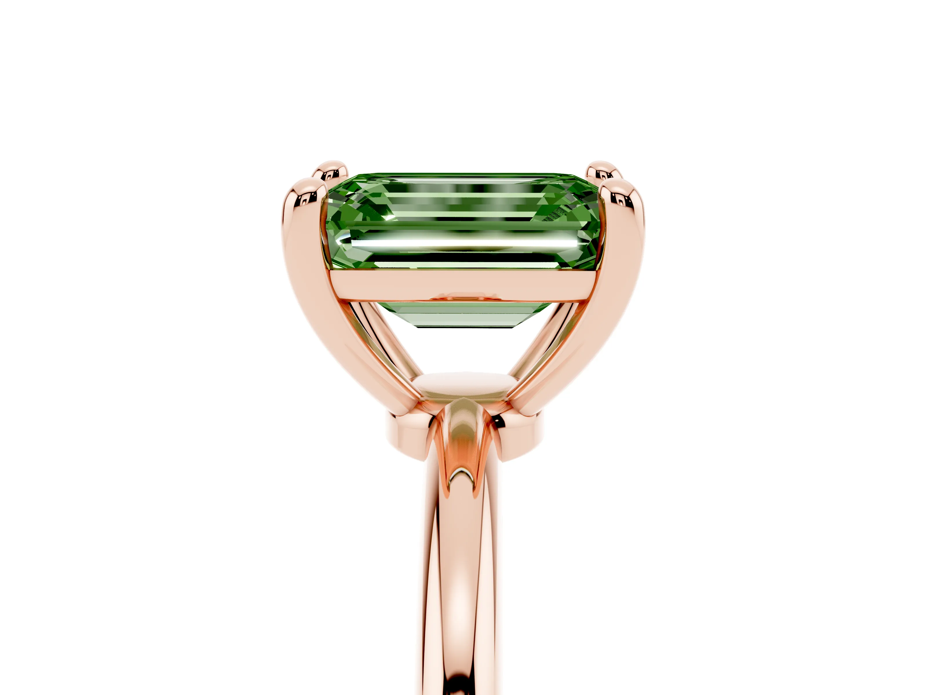 Fancy Green Emerald Cut Diamond Solitaire Ring Set in Rose gold with Secure Prong Setting on a Classic Band