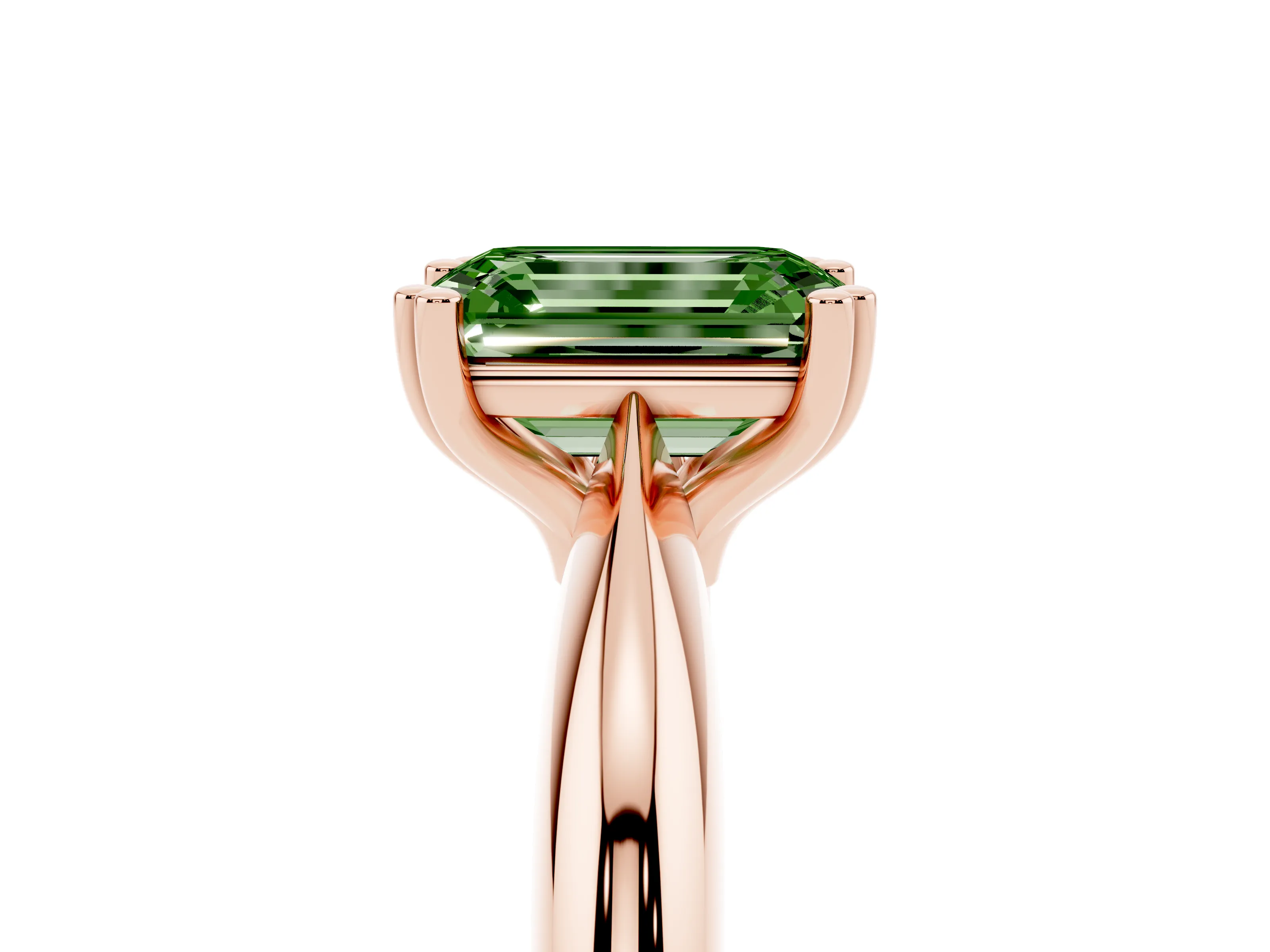 Fancy Green Emerald Cut Diamond Solitaire Engagement Ring Set in Rose gold with Tapered Band and Prong Setting