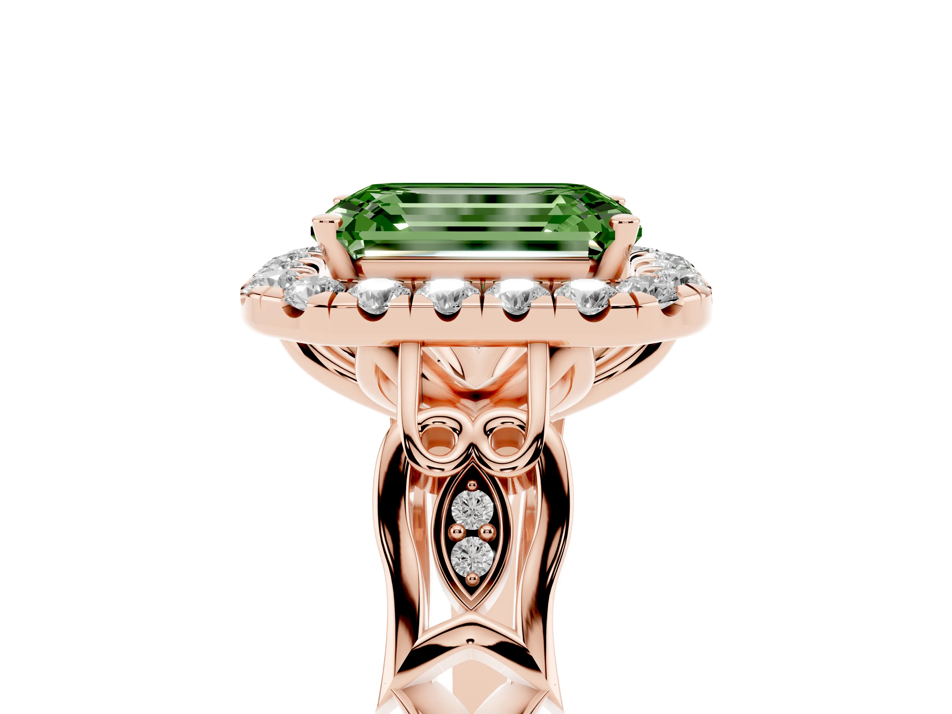 Fancy Green Emerald Cut Diamond Halo Engagement Ring Set in Rose gold with Filigree Band and Prong-Set Center