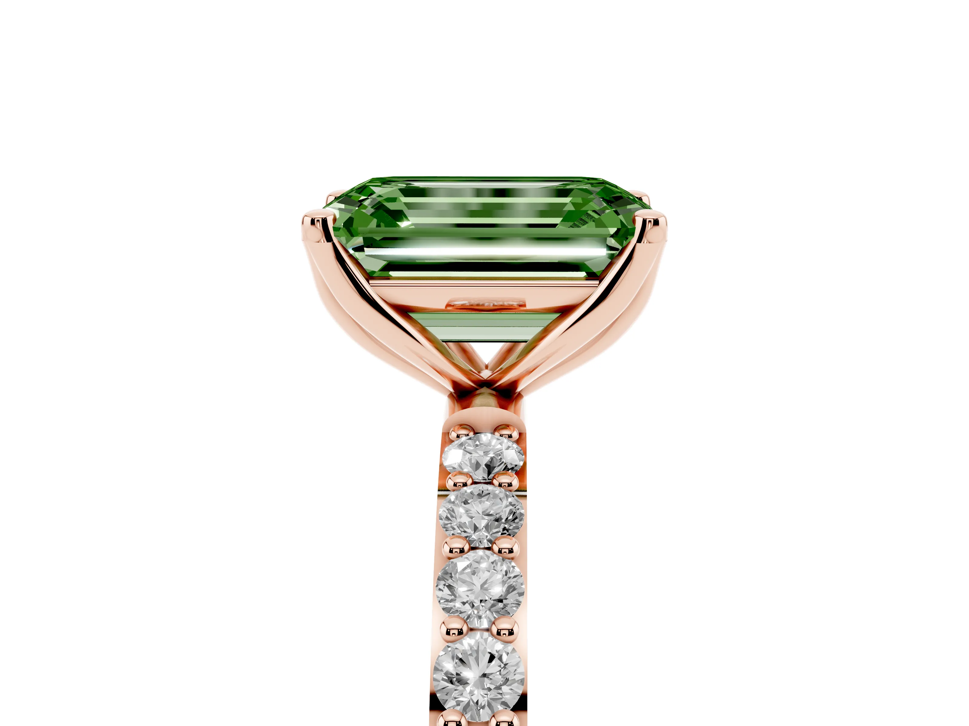 Fancy Green Emerald Cut Diamond Solitaire Engagement Ring Set in Rose gold with Round Pavé Band and Prong Setting