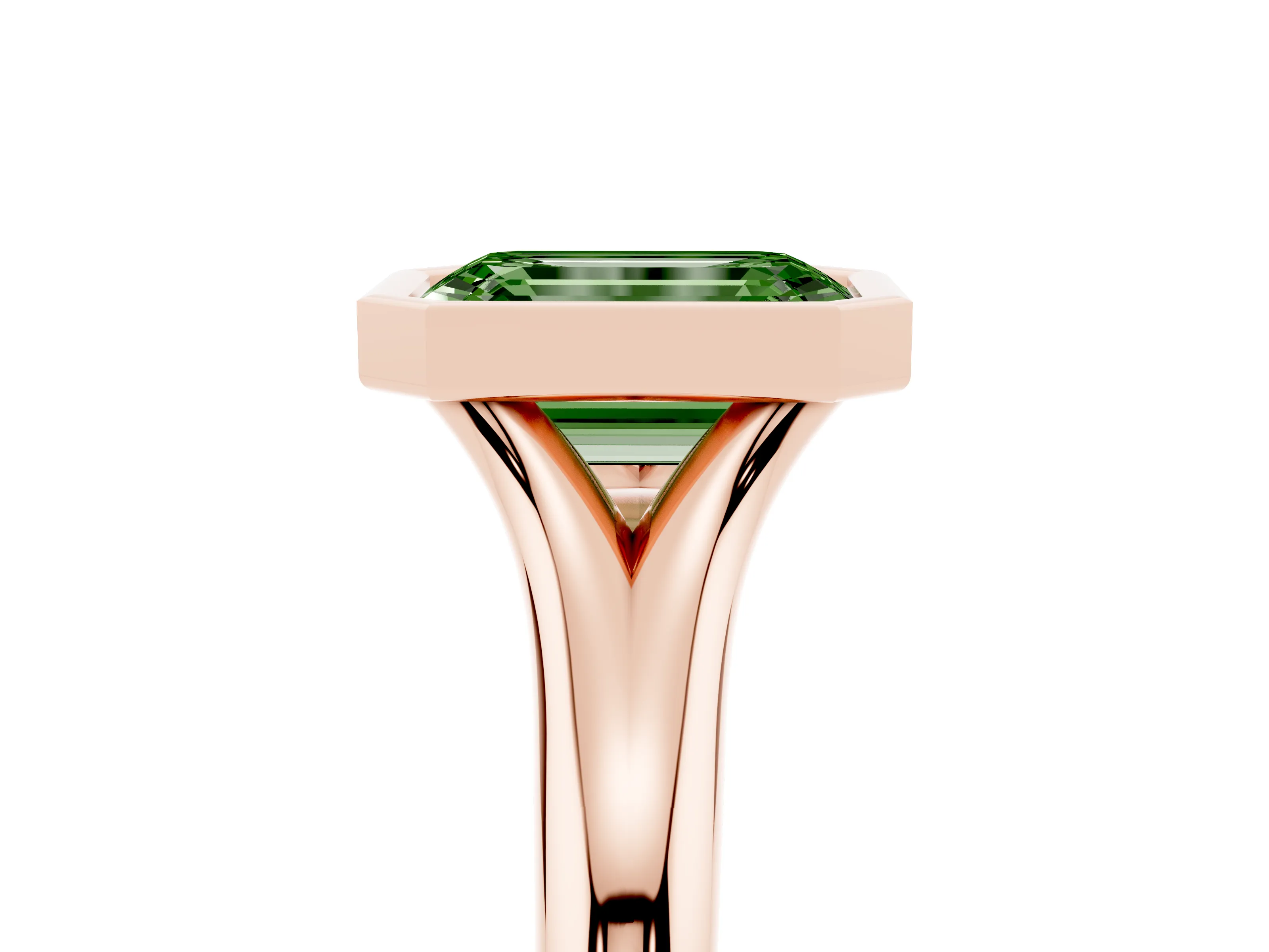 Fancy Green Bezel Set Emerald Cut Diamond Solitaire Ring Set in Rose gold with Smooth Band