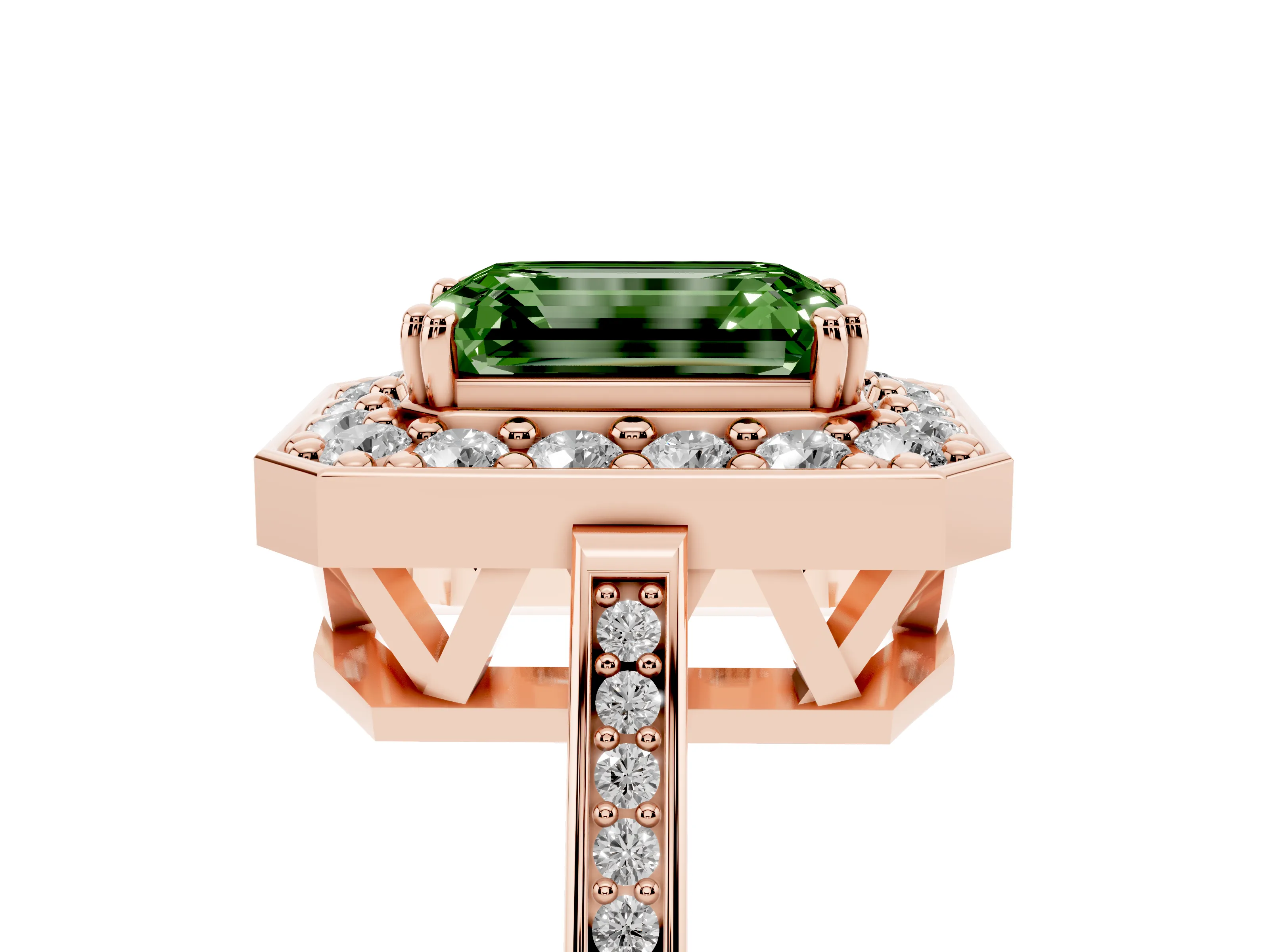 Fancy Green Emerald Cut Diamond Halo Ring Set in Rose gold with Accent-Lined Split Shank and Prong Setting