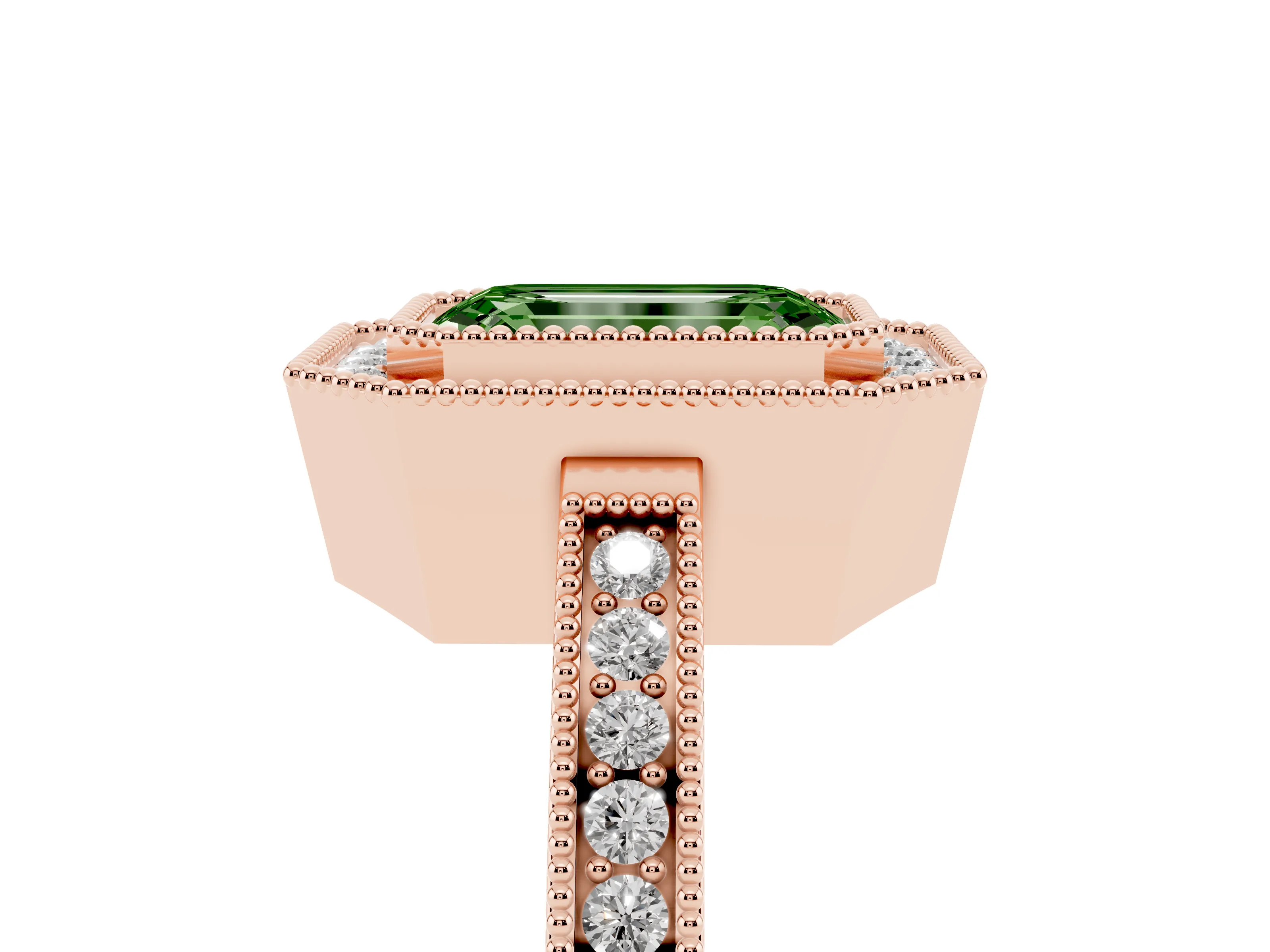 Fancy Green Emerald Cut Diamond Halo Ring Set in Rose gold with Pavé Band and Milgrain-Edged Prongs