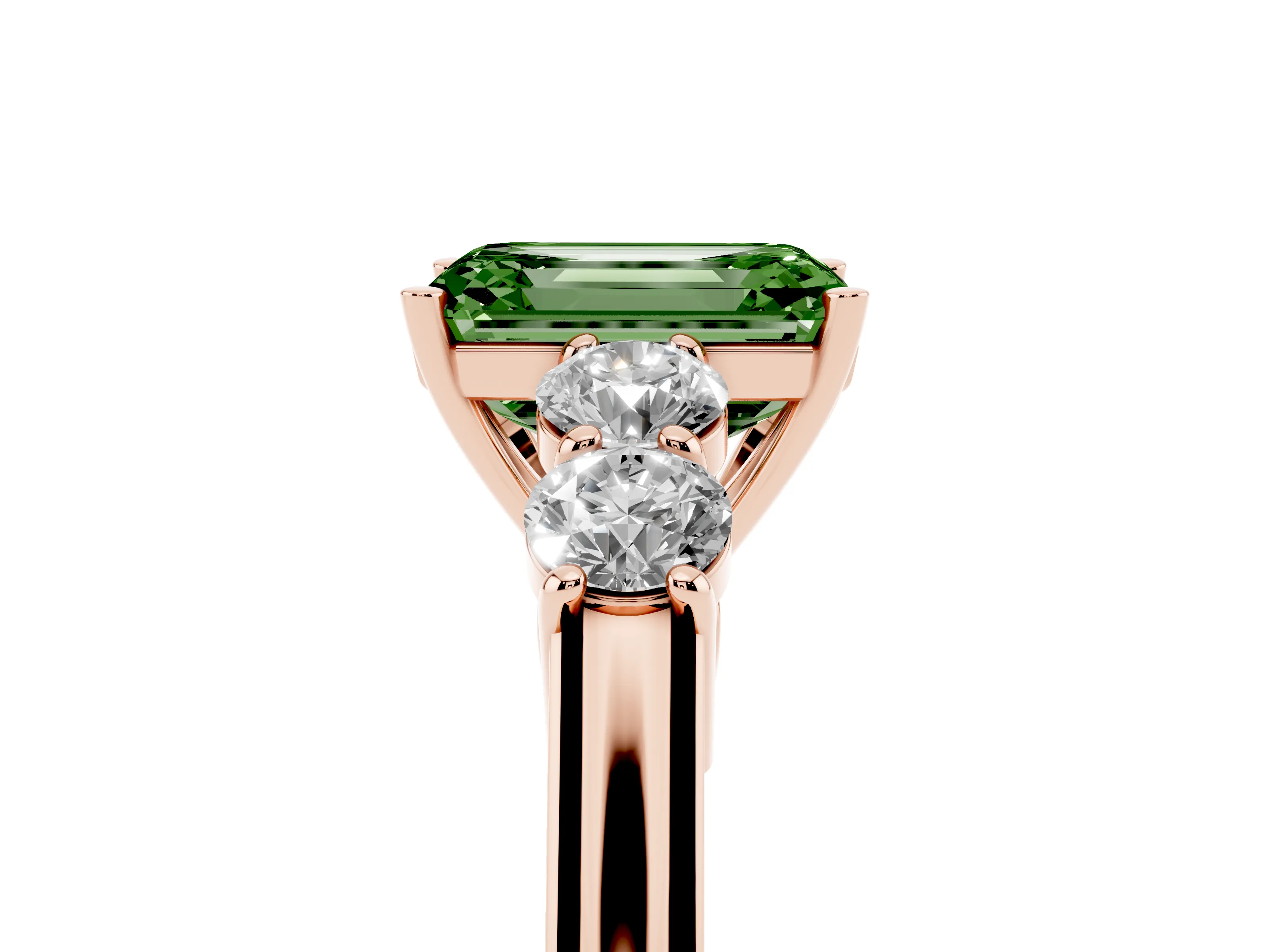 Fancy Green Emerald Cut Diamond Five-Stone Prong Set Band Ring Set in Rose gold with Polished Band