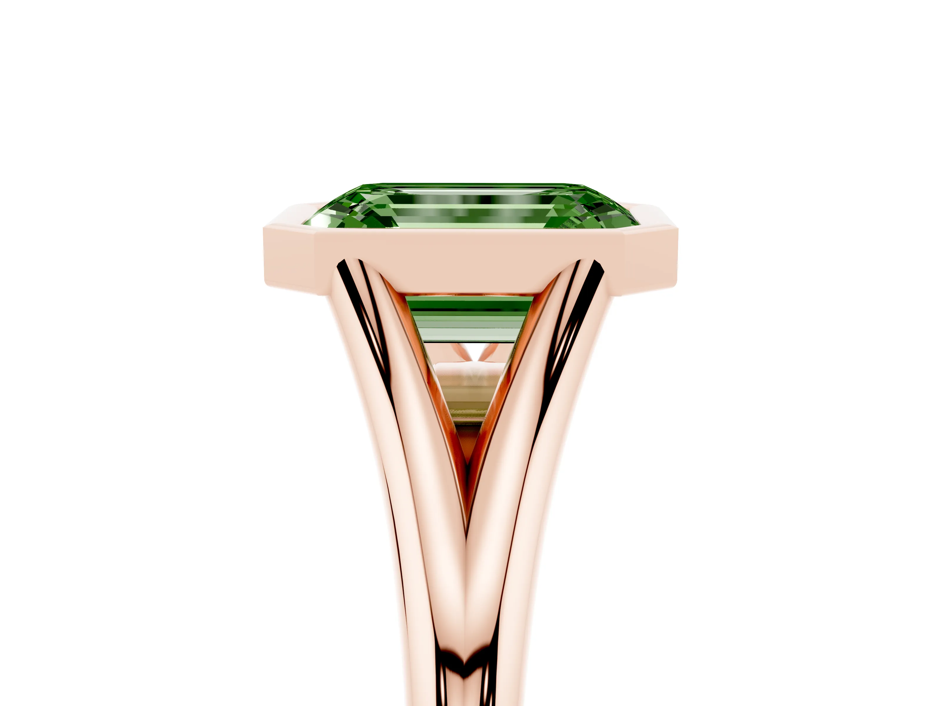 Fancy Green Bezel Set Emerald Cut Diamond Solitaire Ring Set in Rose gold with Tapered Band