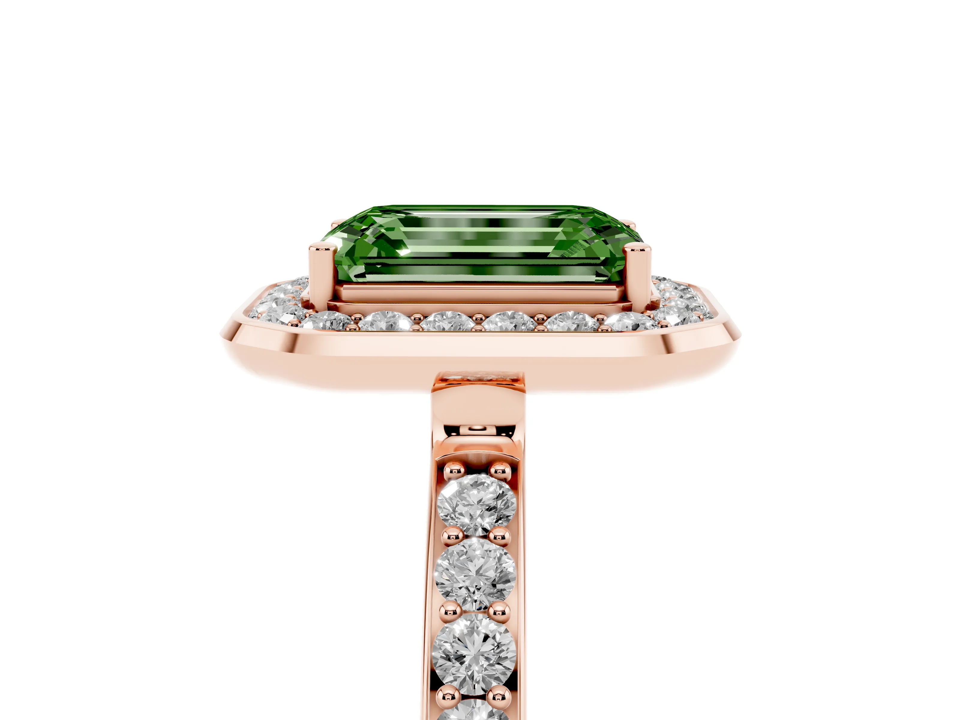 Fancy Green Emerald Cut Diamond Halo Ring Set in Rose gold with Bezel Frame and Pavé Band