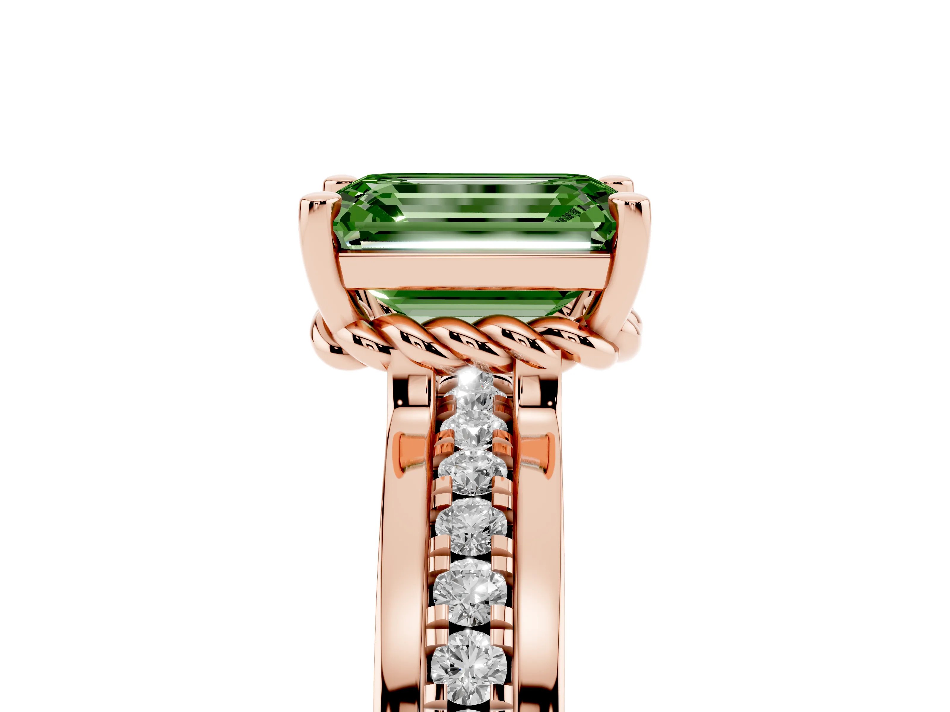 Fancy Green Emerald Cut Diamond Solitaire Ring Set in Rose gold with Channel Set Band and Prong Setting