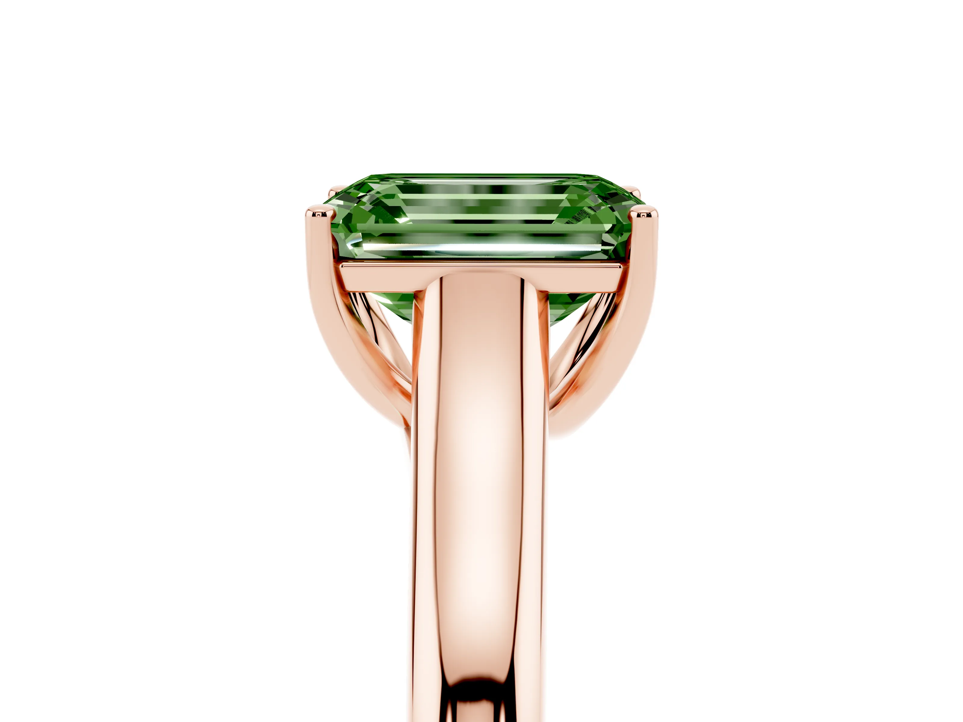 Fancy Green Emerald Cut Diamond Solitaire Engagement Ring Set in Rose gold with Subtly Tapered Band and Prong Setting