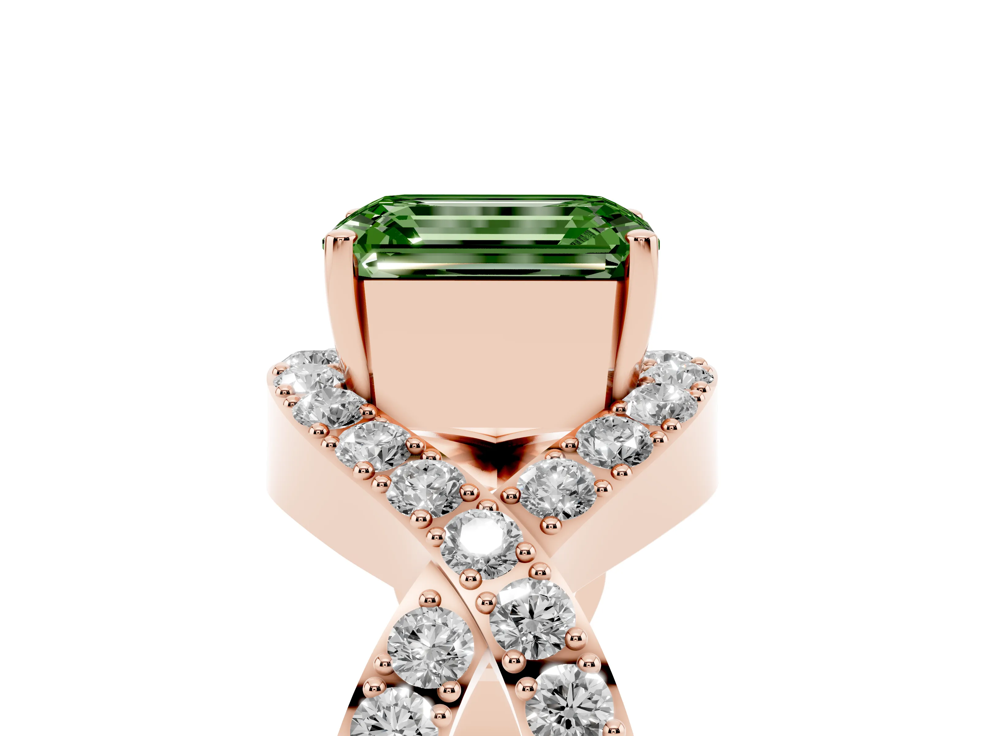 Fancy Green Emerald Cut Diamond Solitaire Twist Band Pavé Engagement Ring Set in Rose gold