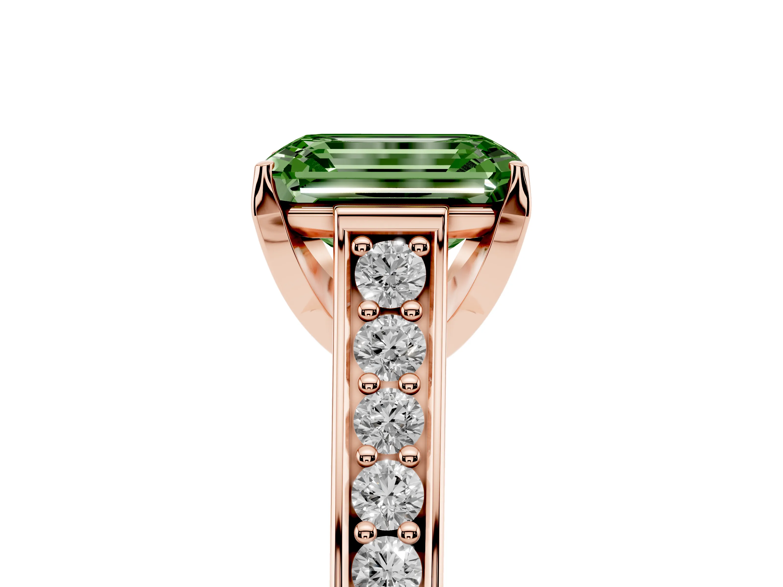 Fancy Green Emerald Cut Diamond Solitaire Pavé Engagement Ring Set in Rose gold with Prong Setting