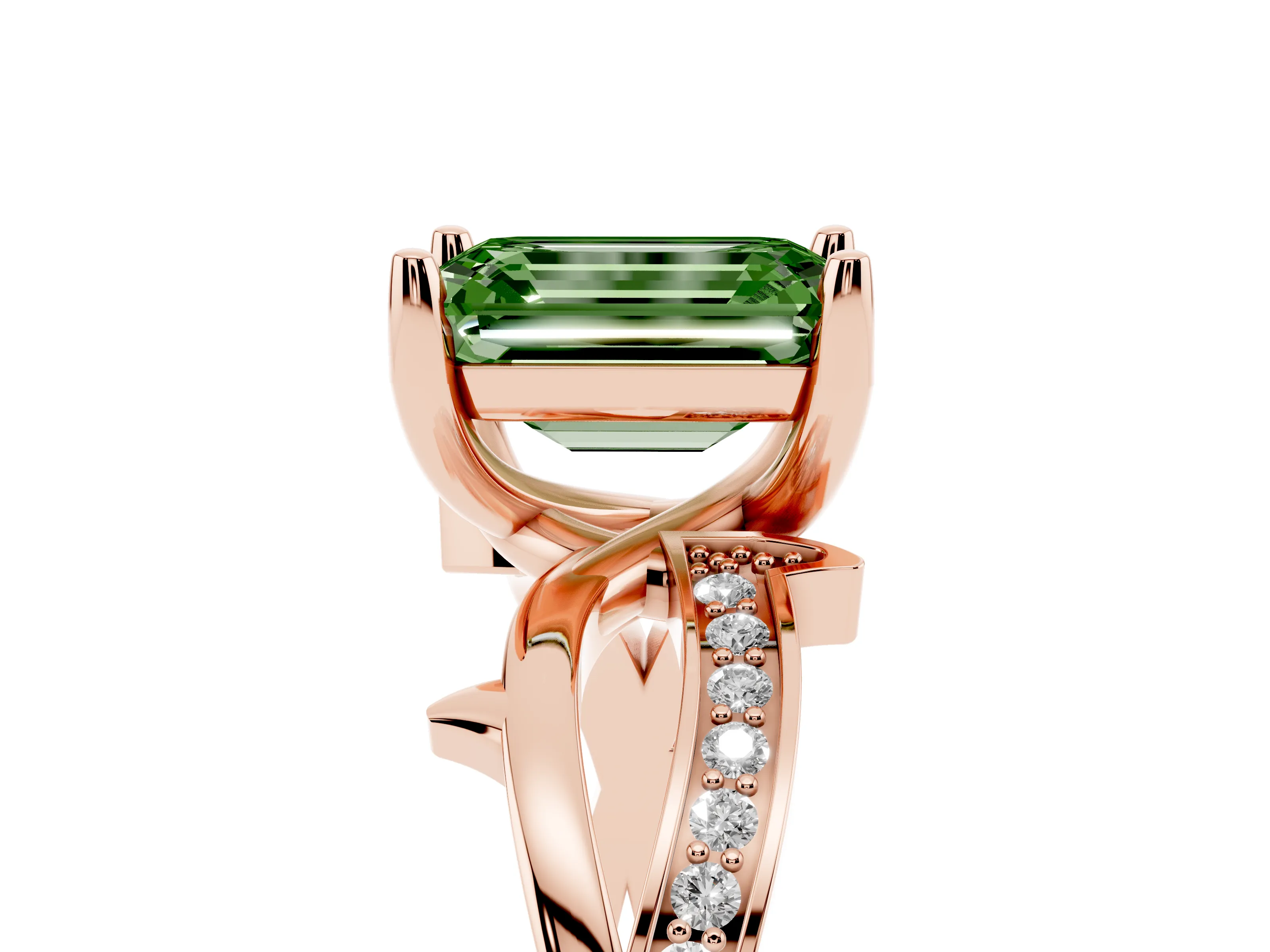 Fancy Green Emerald Cut Diamond Pavé Twist Band Solitaire Ring Set in Rose gold with Prong Setting