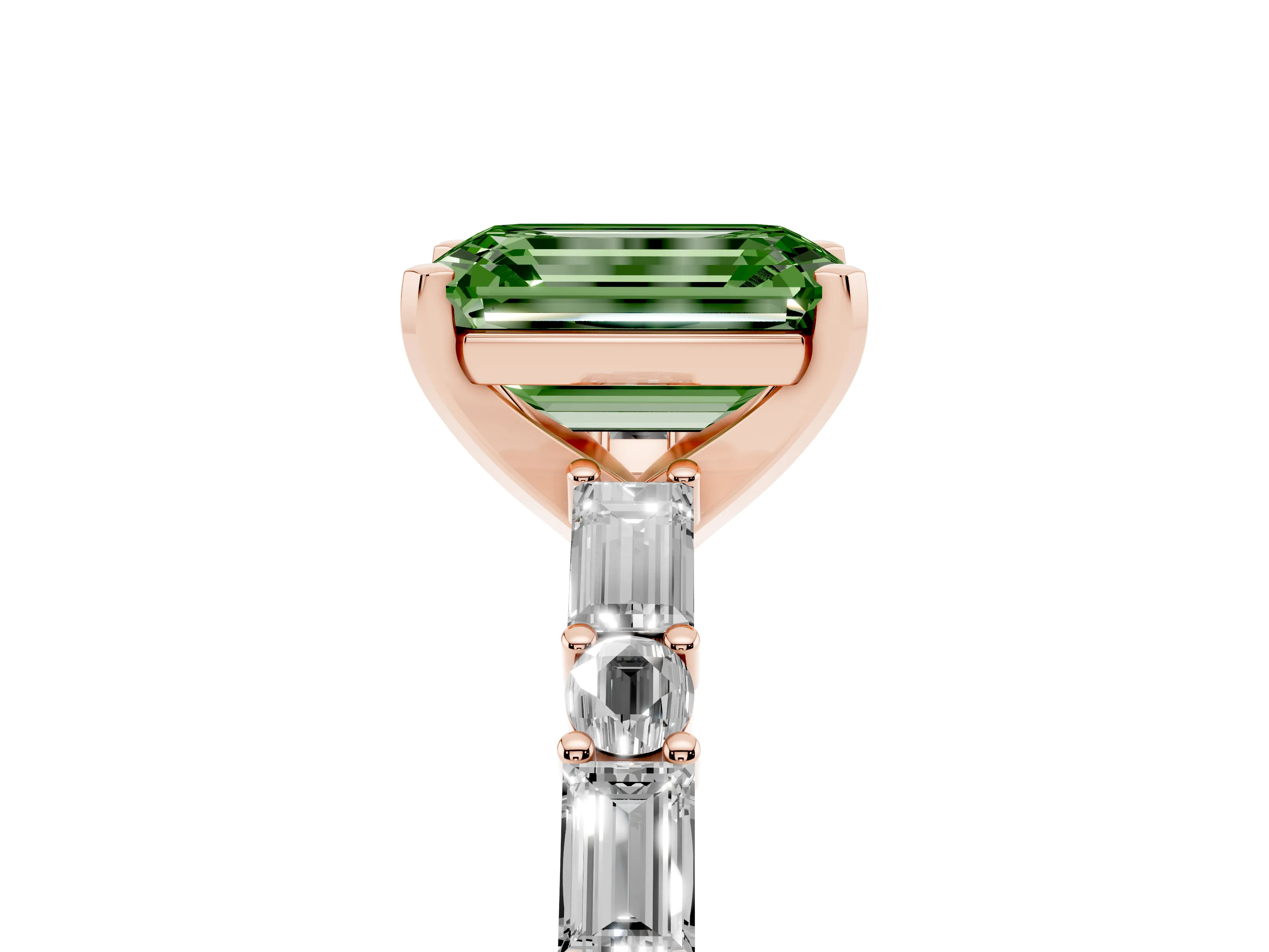 Fancy Green Emerald Cut Diamond Solitaire Set in Rose gold with Side Baguettes and Channel Set Band