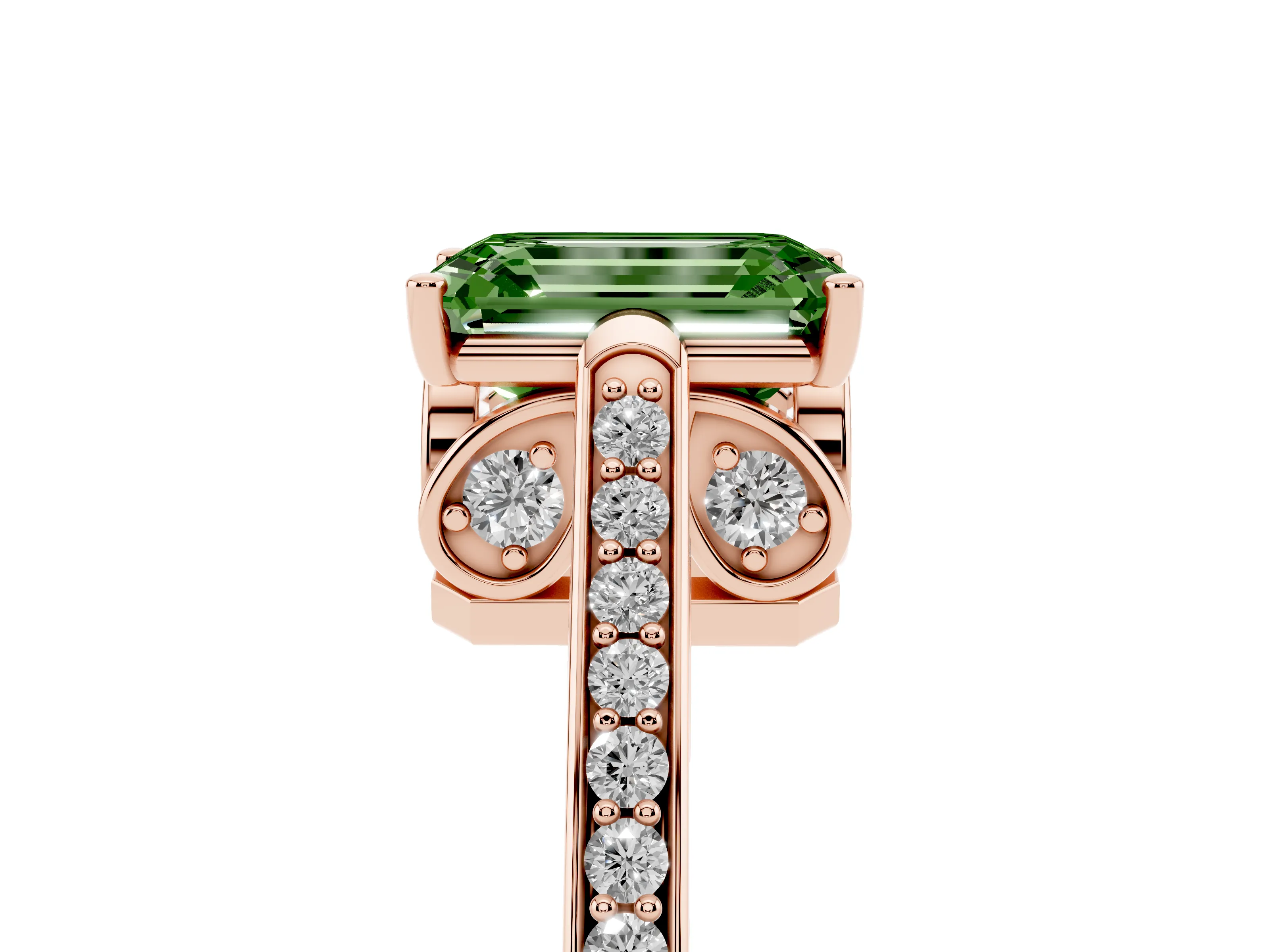 Fancy Green Emerald Cut Diamond Cathedral Pavé Engagement Ring Set in Rose gold with Prong Setting