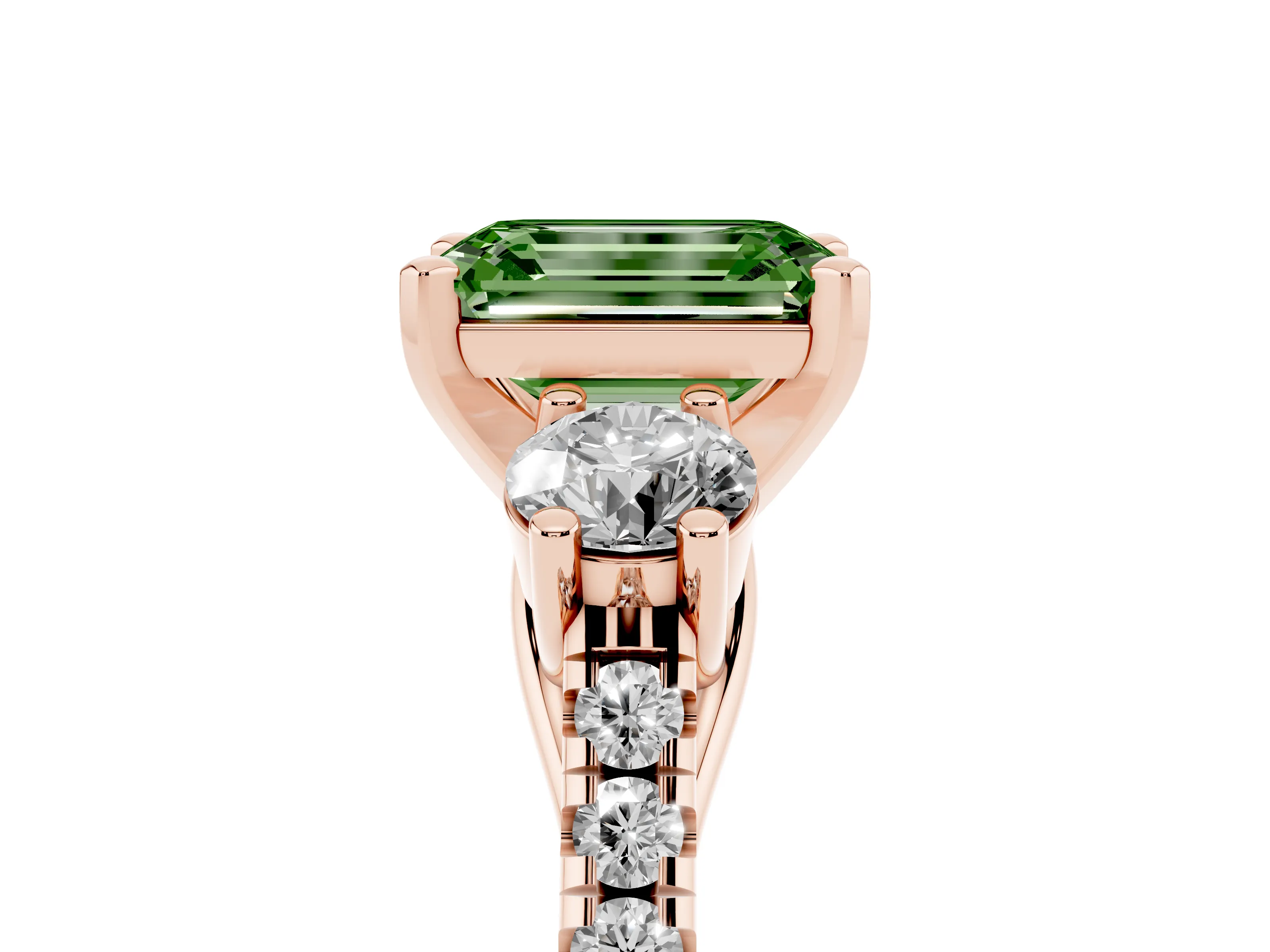 Fancy Green Three-Stone Emerald Cut Diamond Pavé Band Ring Set in Rose gold with Prong-Set Trio