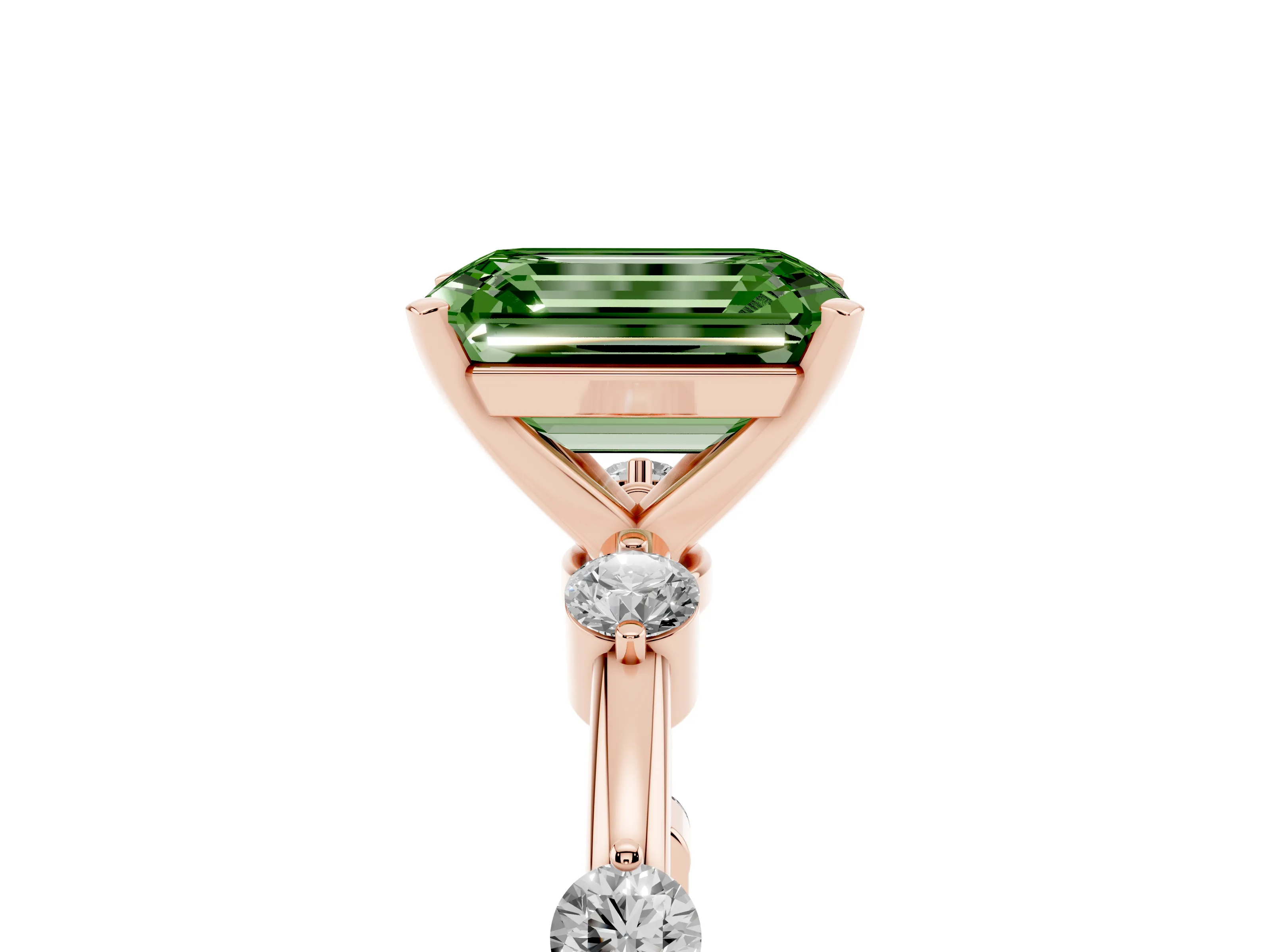 Fancy Green Emerald Cut Diamond Solitaire Ring Set in Rose gold with Bezel Set Side Stones and Prong Setting