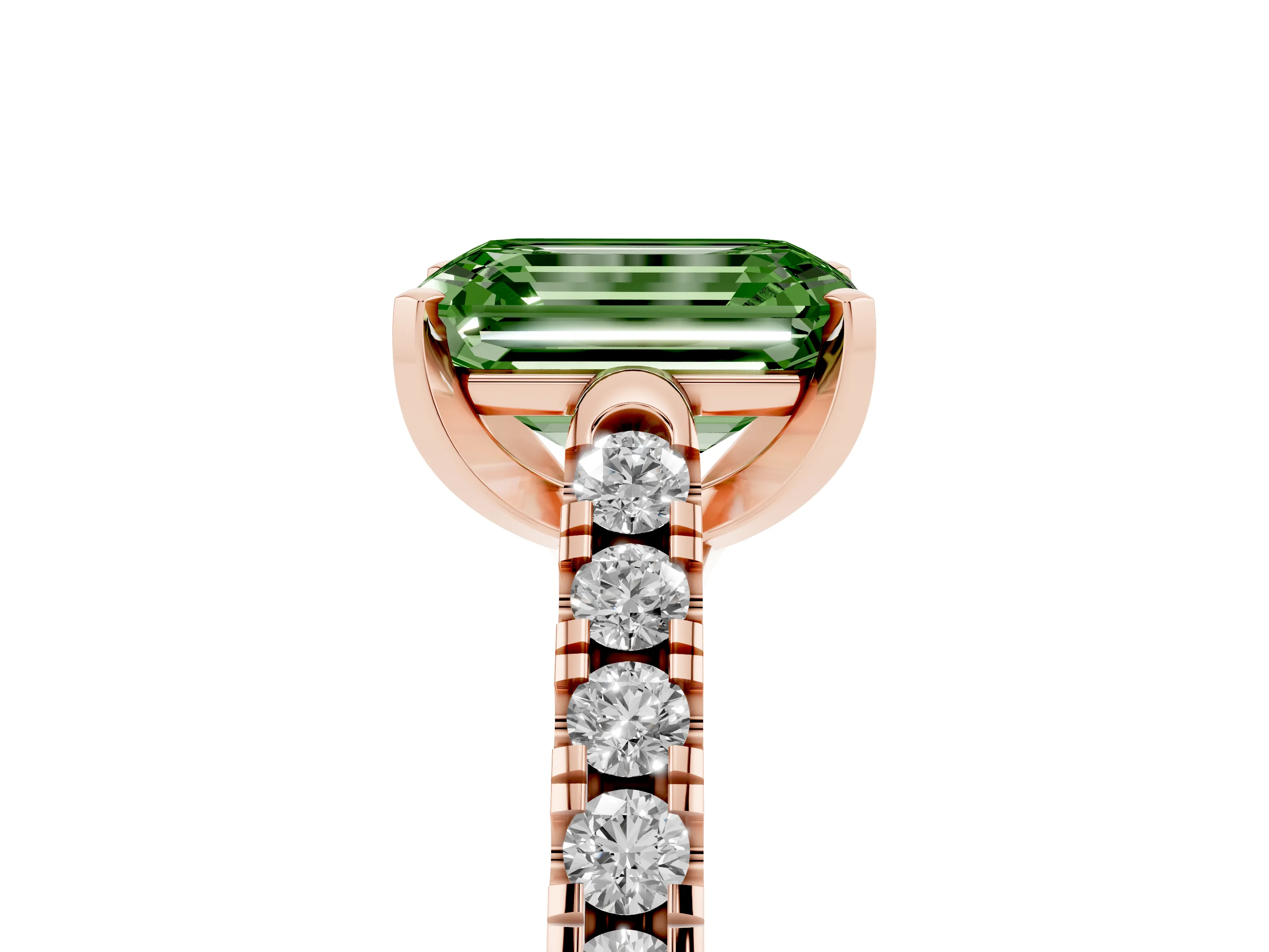 Fancy Green Emerald Cut Diamond Pavé Band Solitaire Ring Set in Rose gold with Partway Accent Stones and Prong Setting