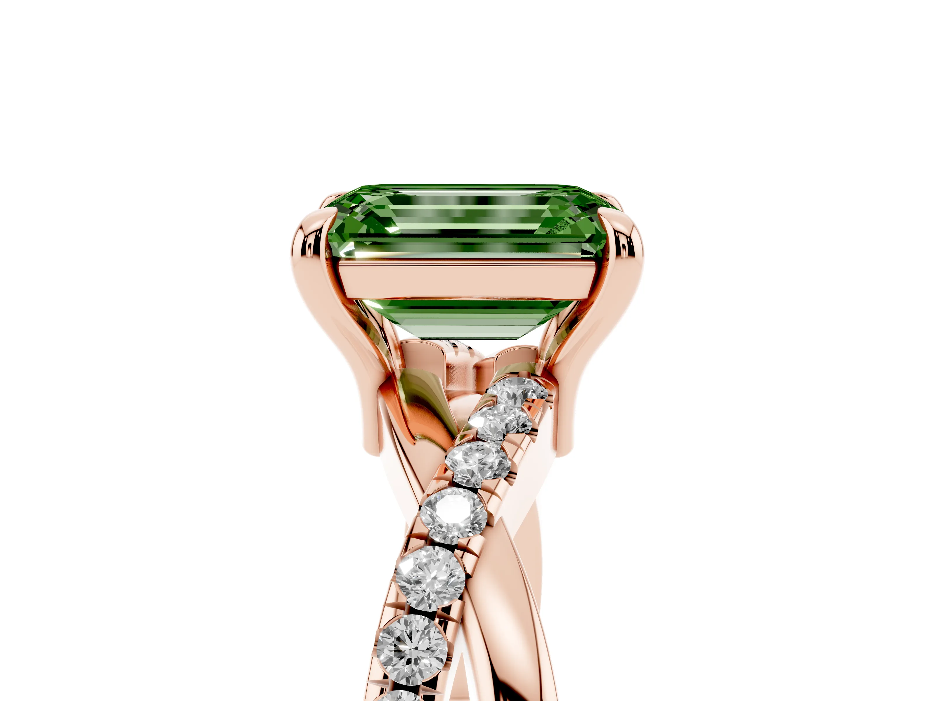 Fancy Green Emerald Cut Diamond Twist Band Pavé Solitaire Ring Set in Rose gold with Prong Setting