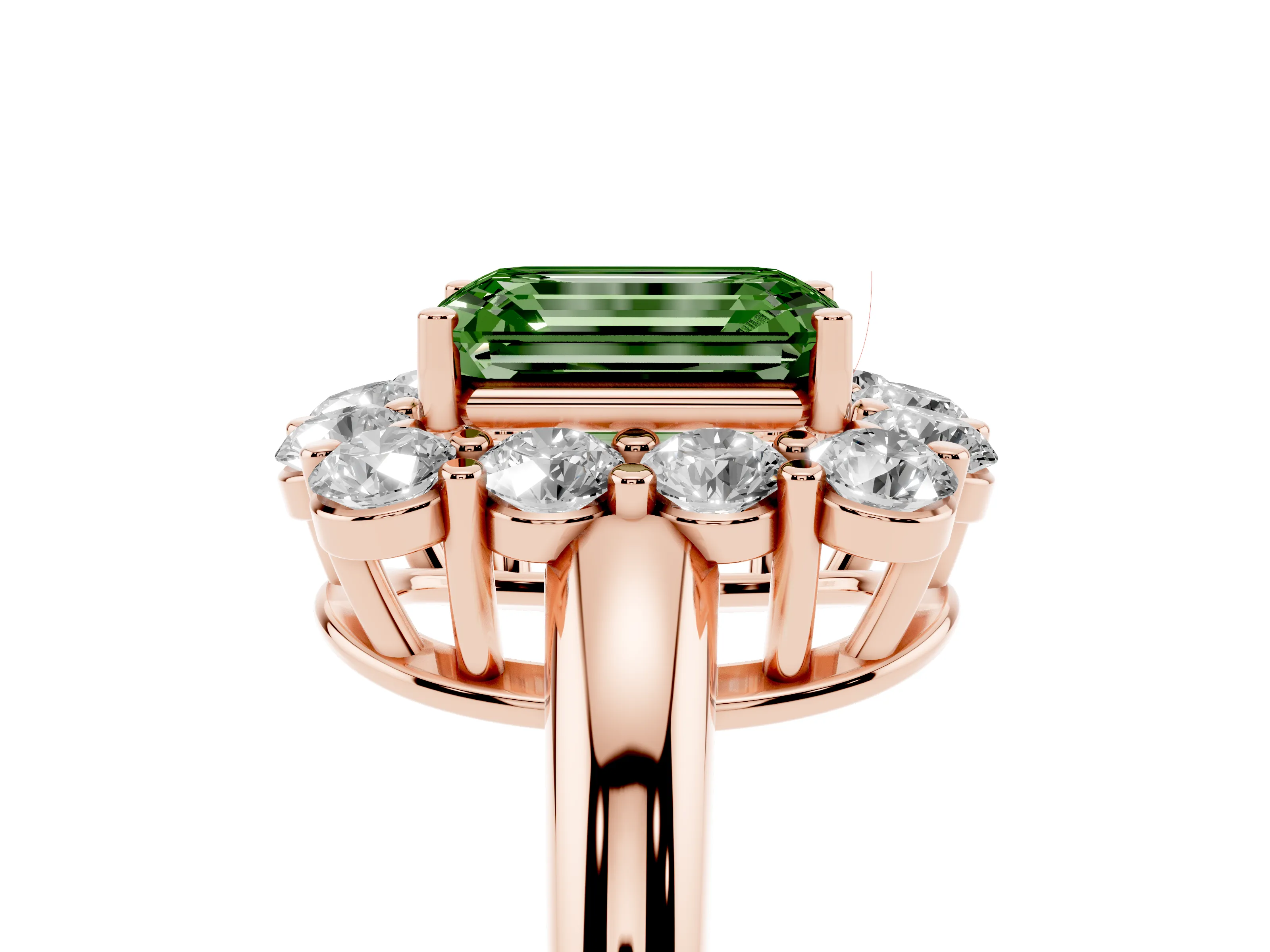 Fancy Green Emerald Cut Diamond Halo Cluster Engagement Ring Set in Rose gold with Polished Band and Prong Setting